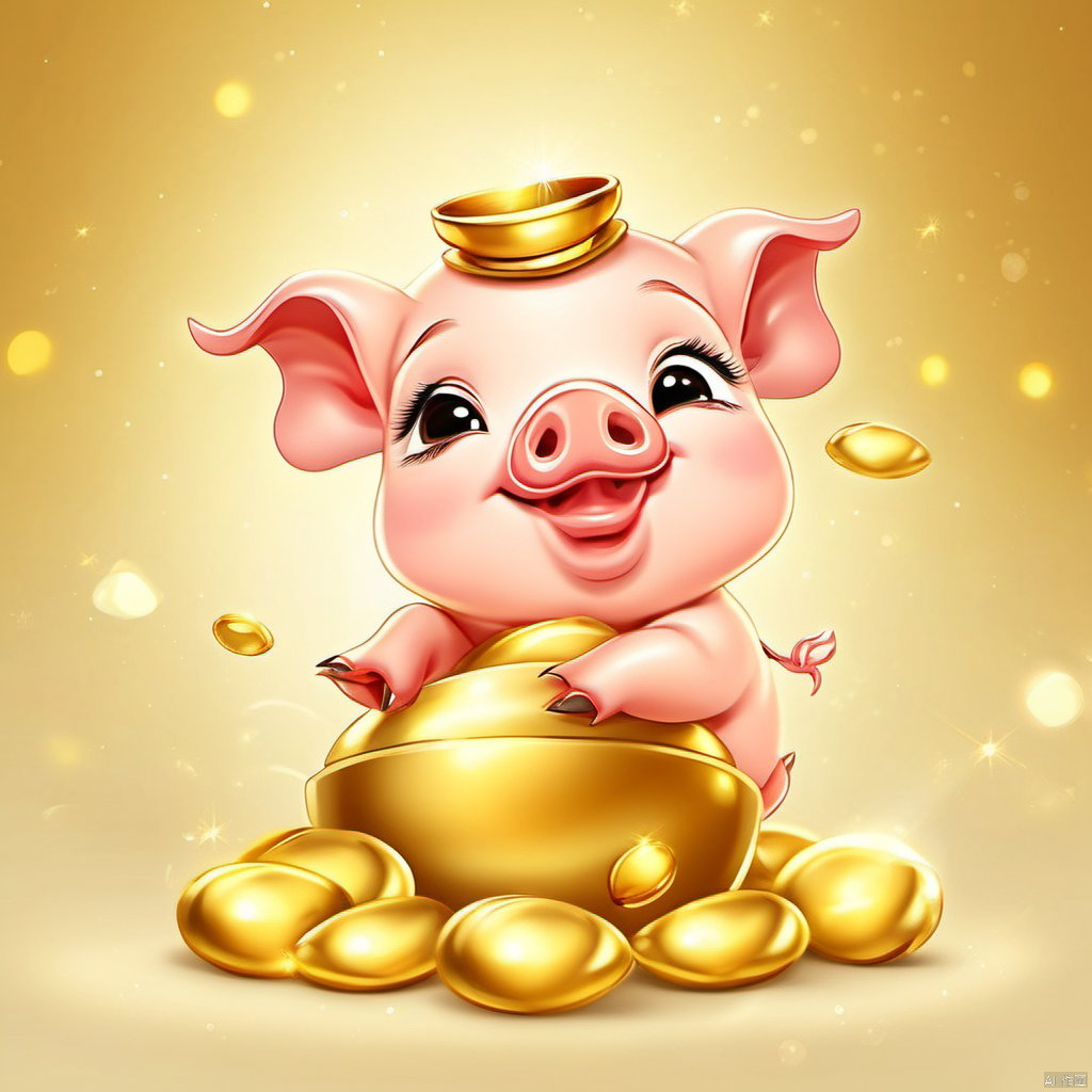 Cartoon version, cute beckoning pig baby, zodiac, background blur, gold ingots,