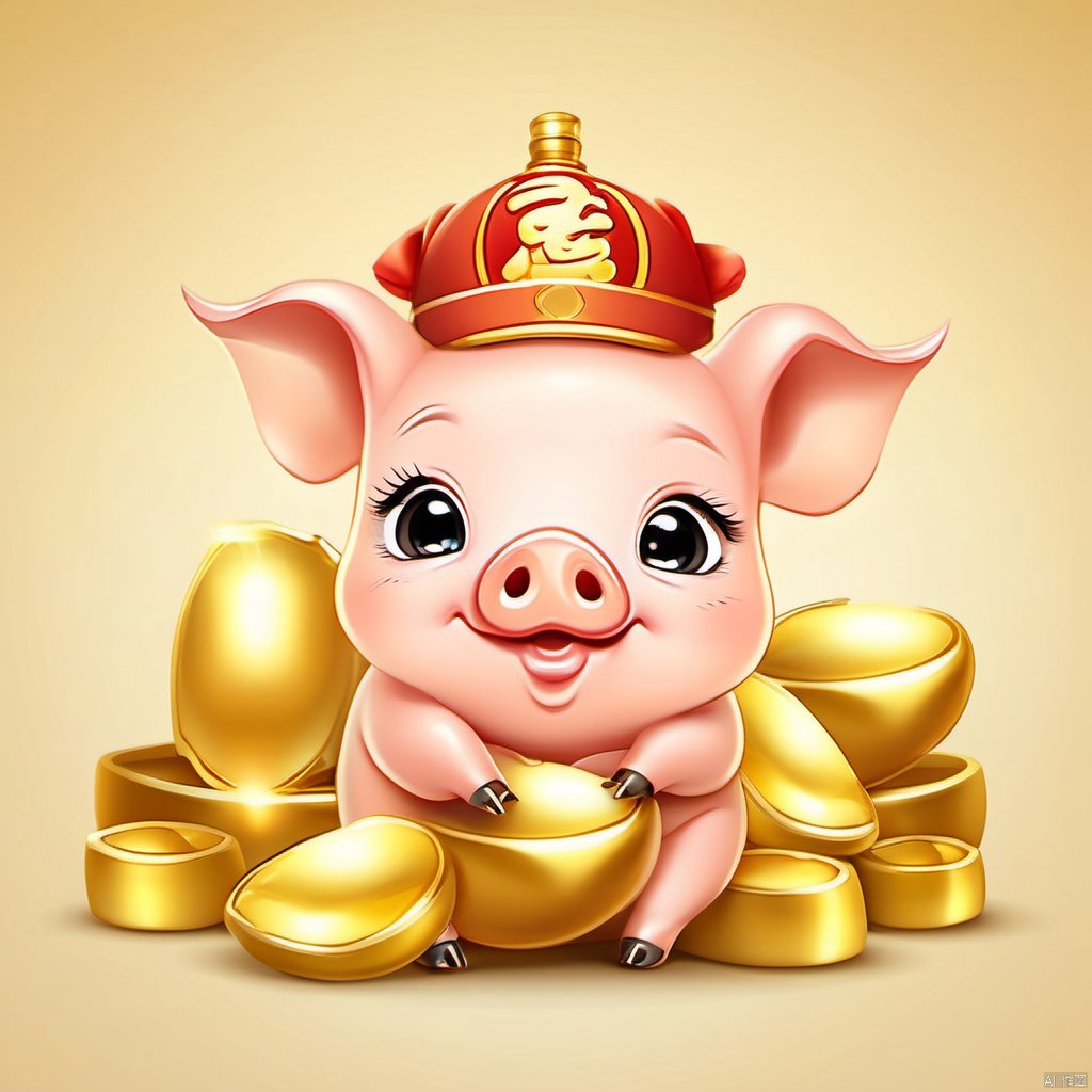 Cartoon version, cute beckoning pig baby, zodiac, background blur, gold ingots,