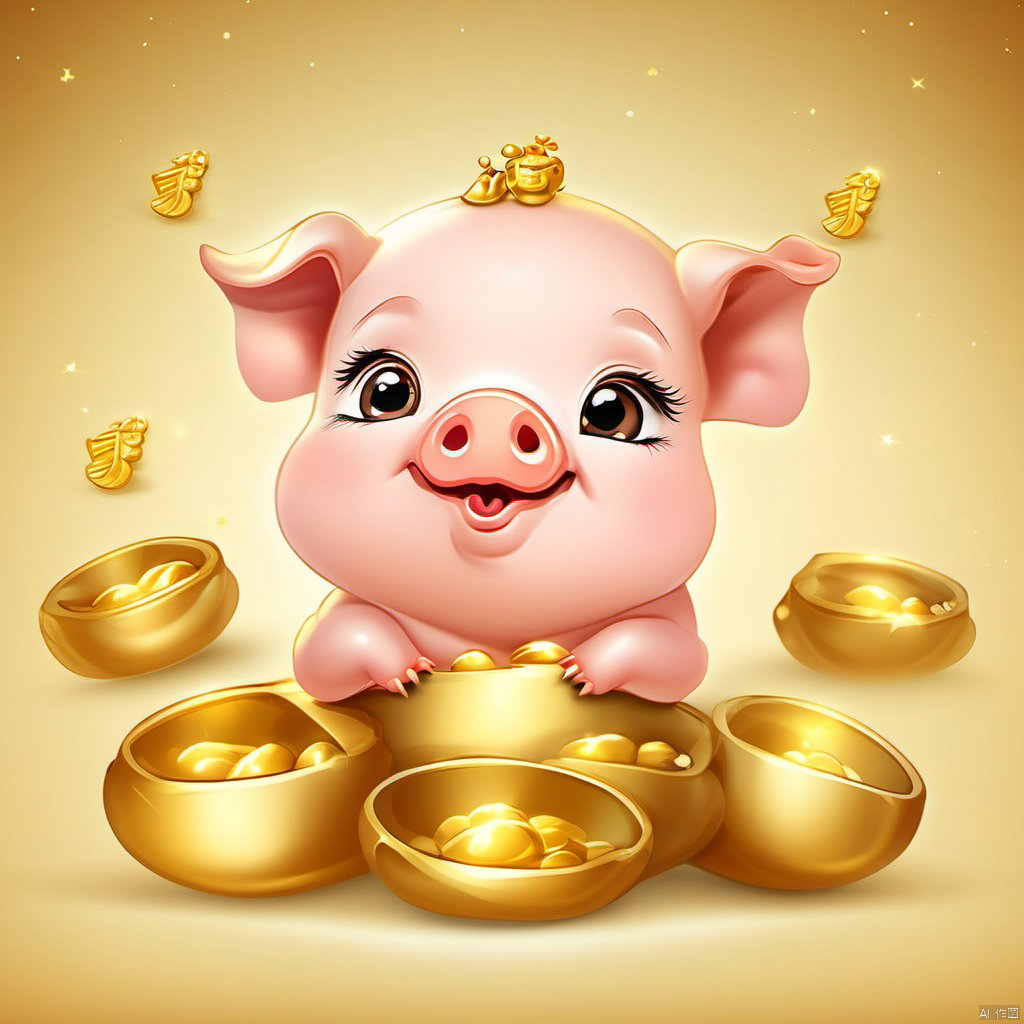 Cartoon version, cute beckoning pig baby, zodiac, background blur, gold ingots,