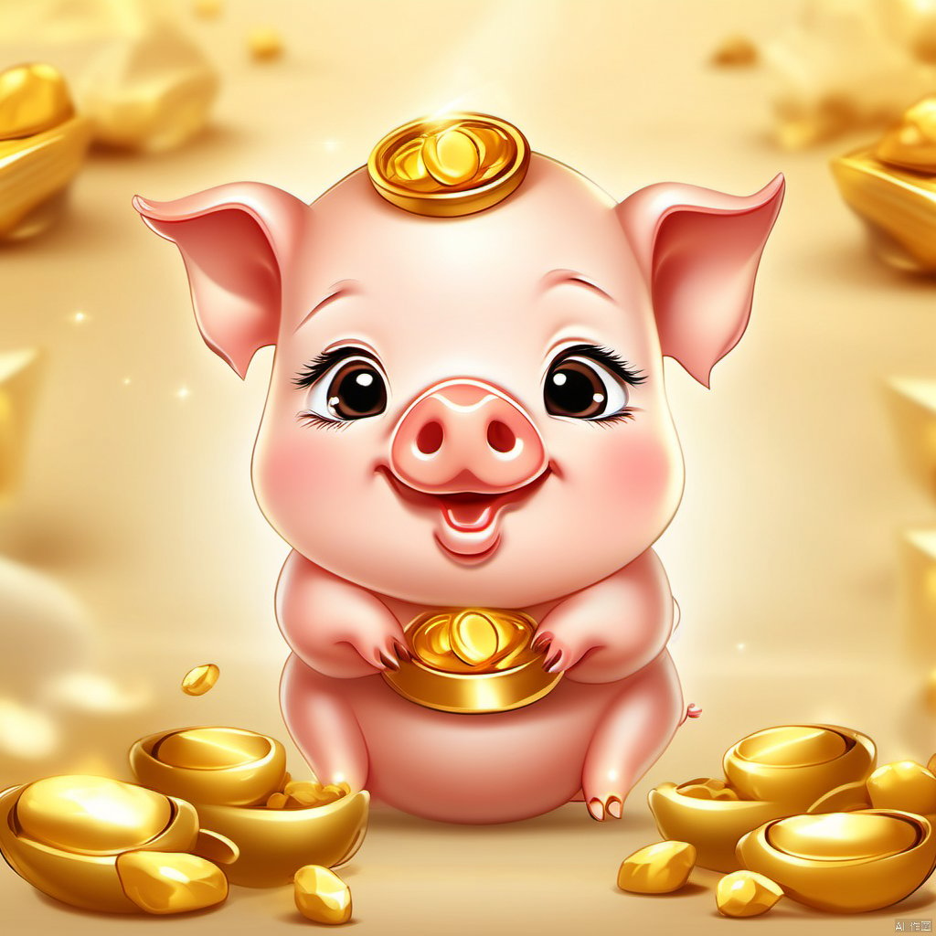 Cartoon version, cute beckoning pig baby, zodiac, background blur, gold ingots,