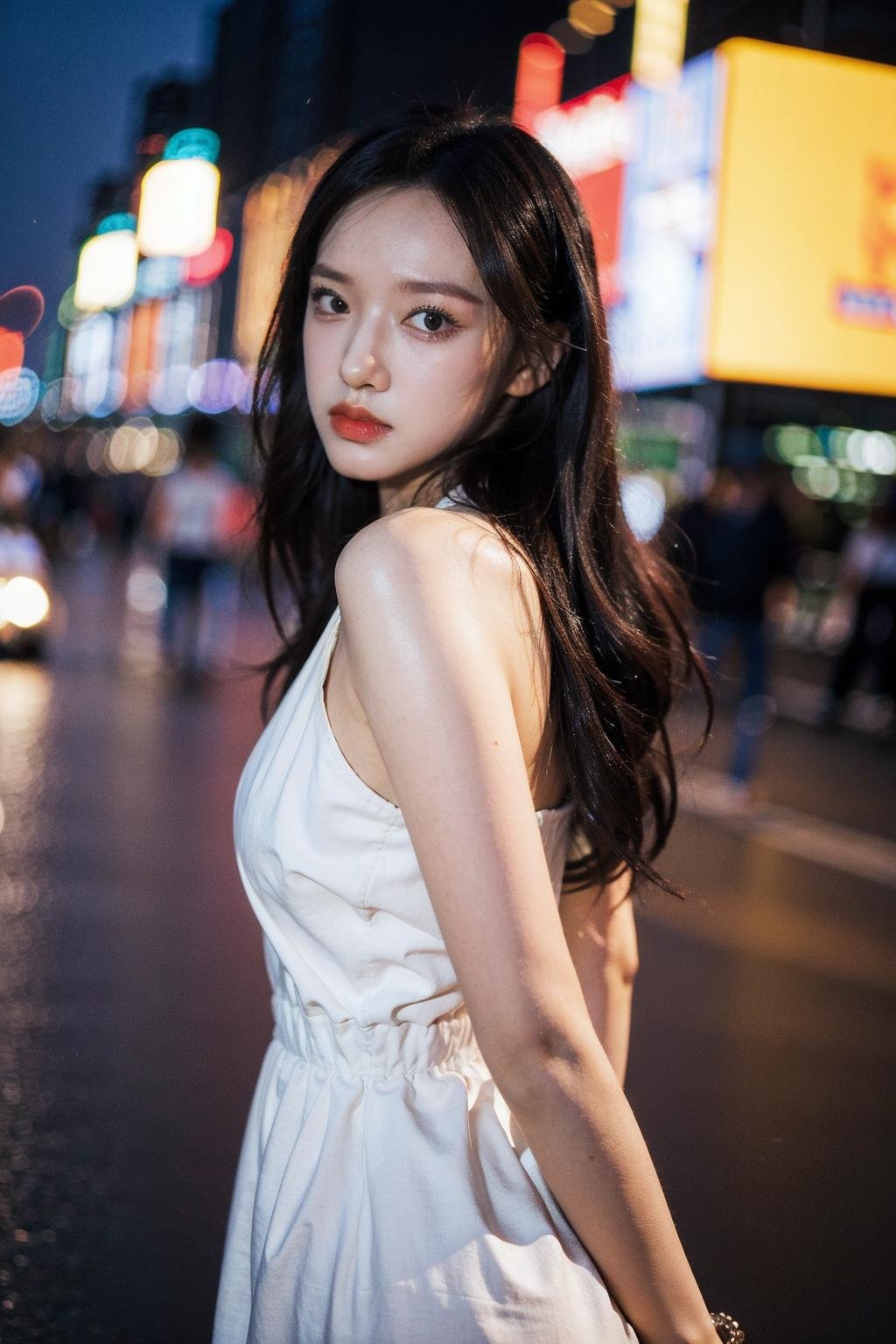 Best quality, masterpiece, ultra high res, (photorealistic), raw photo,1girl, skinny, upper body,solo, realistic, looking at viewer, long hair, bokeh background, city streets, sleveless dress, <lora:makina69_chengxiao_v1.0:1>