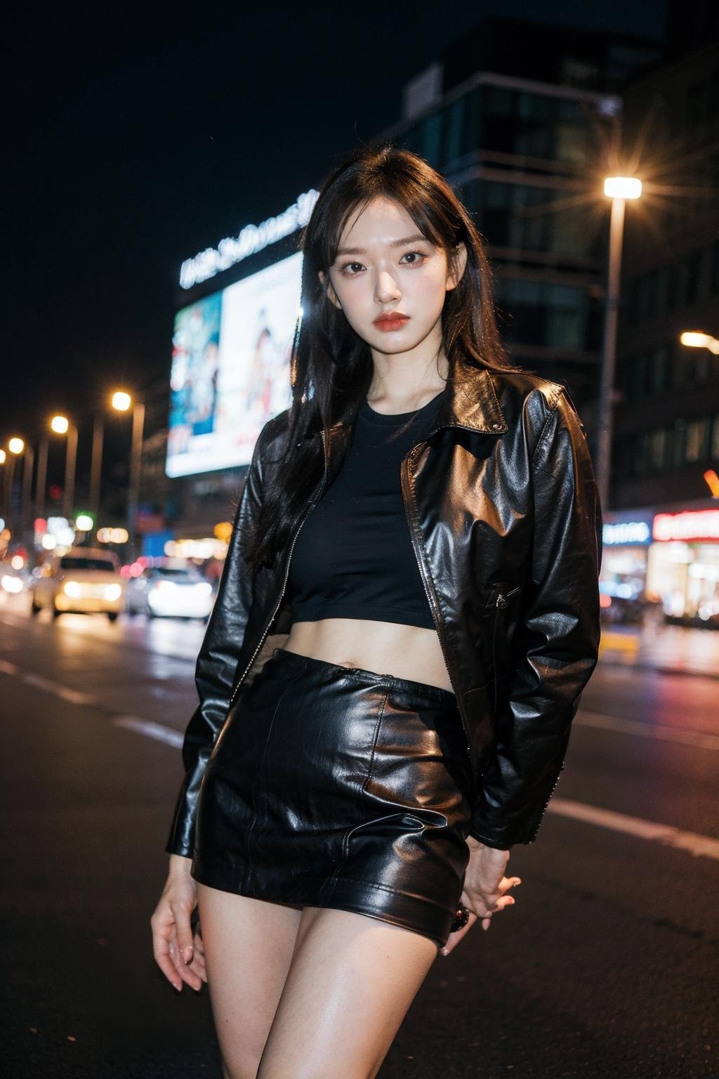 Best quality, masterpiece, ultra high res, (photorealistic), raw photo,1girl, (dark skin), cowboy shot,solo, realistic, looking at viewer, bokeh background, city streets, tshirt, short skirt, navel, leather jacket,  <lora:makina69_chengxiao_v1.0:1>