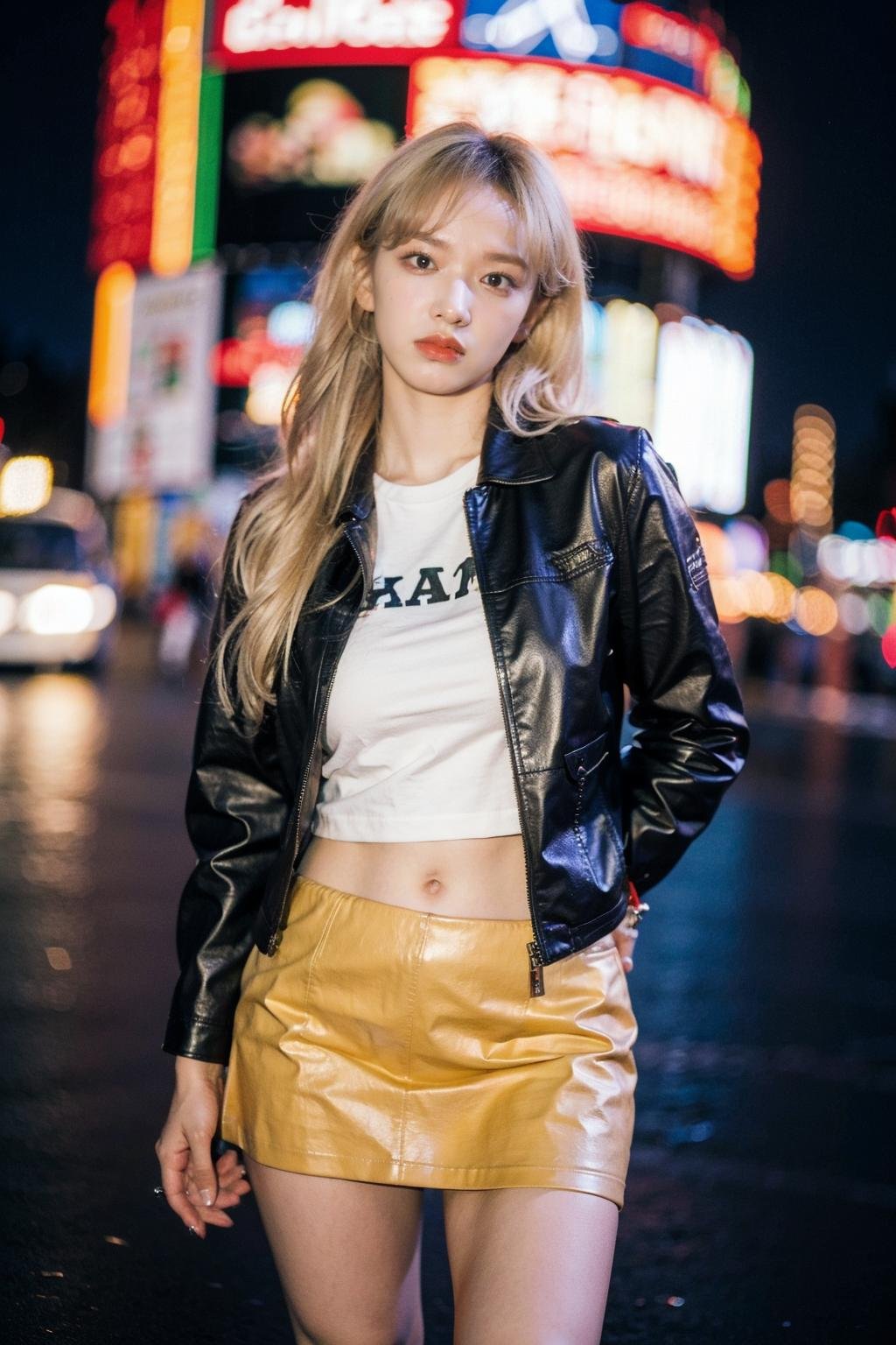 Best quality, masterpiece, ultra high res, (photorealistic), raw photo,1girl, (dark skin), cowboy shot,solo, realistic, looking at viewer, bokeh background, city streets,blonde hair, tshirt, short skirt, navel, leather jacket,  <lora:makina69_chengxiao_v1.0:1>