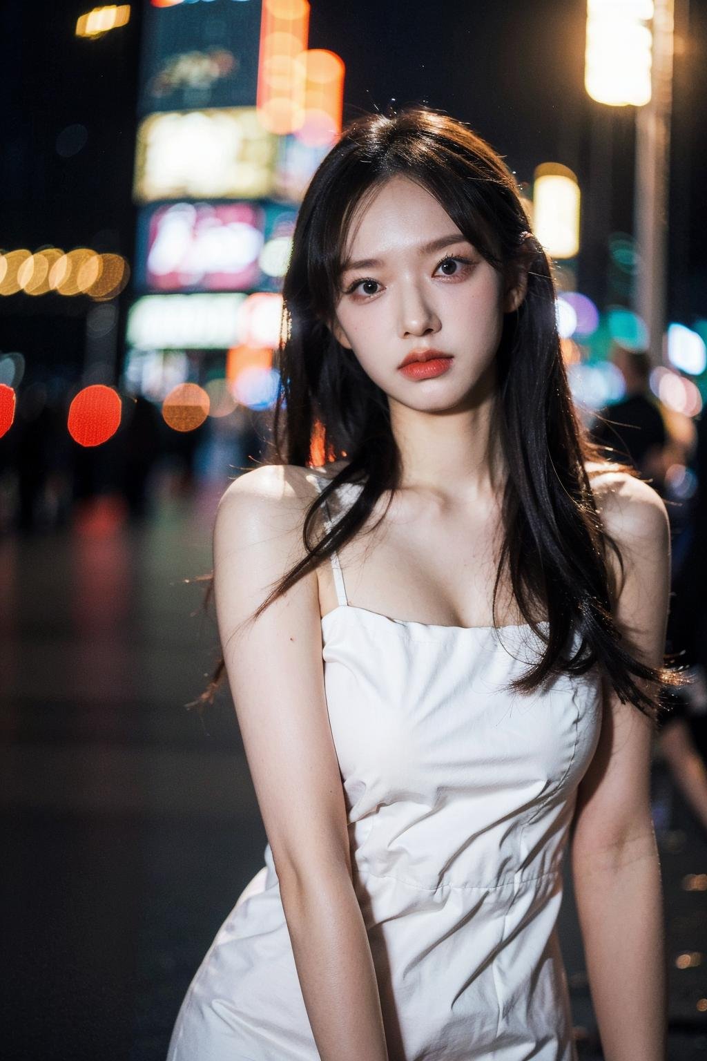 Best quality, masterpiece, ultra high res, (photorealistic), raw photo,1girl, skinny, upper body,solo, realistic, looking at viewer, long hair, bokeh background, city streets, sleveless dress, <lora:makina69_chengxiao_v1.0:1>