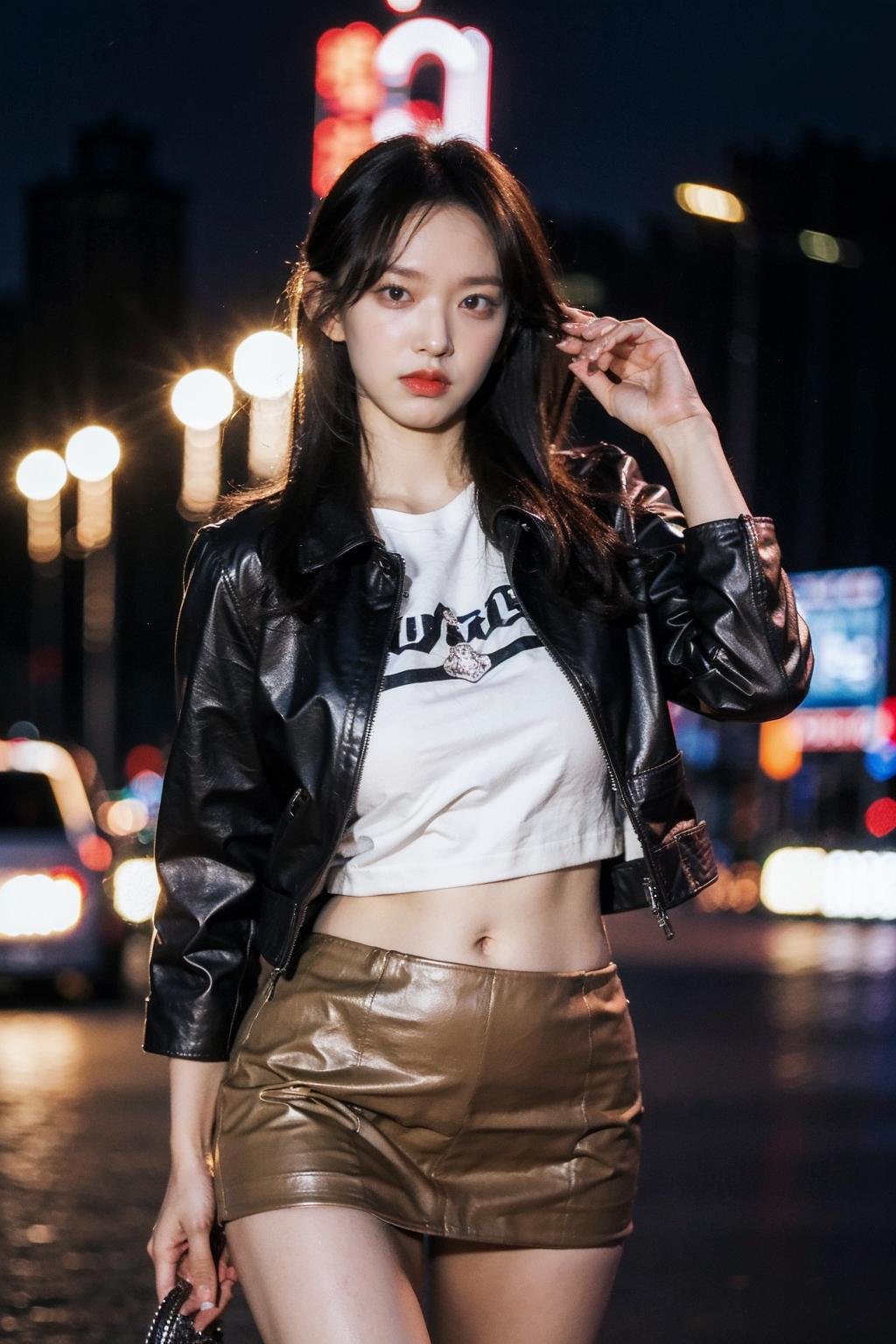 Best quality, masterpiece, ultra high res, (photorealistic), raw photo,1girl, (dark skin), cowboy shot,solo, realistic, looking at viewer, bokeh background, city streets, tshirt, short skirt, navel, leather jacket,  <lora:makina69_chengxiao_v1.0:1>