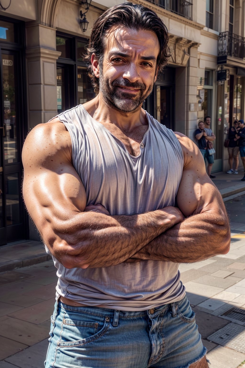 pablo perroni, muscular, (shirt), sleeveless shirt, looking at you,  shorts, daylight, street, crossed arms, beard, smiling, hands behind head