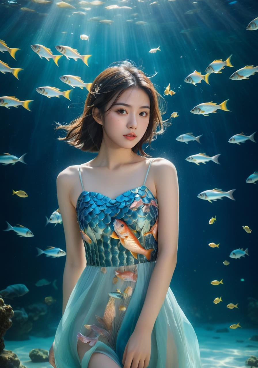 A full-body frontal photo of a young Asian girl in the ocean,surrounded by fish swimming by,resembling an Atlantis theme,ethereal atmosphere,underwater lighting,mystical,dreamy,medium format film,Fujifilm Pro 400H,aquatic,serene,1girl,best quality,masterpiece,illustration,an extremely delicate and beautiful,Amazing,finely detail,masterpiece,official art,incredibly absurdres,huge filesize,highres,extremely detailed,beautiful detailed girl,realistic,aesthetic,photorealistic,professional,4k,