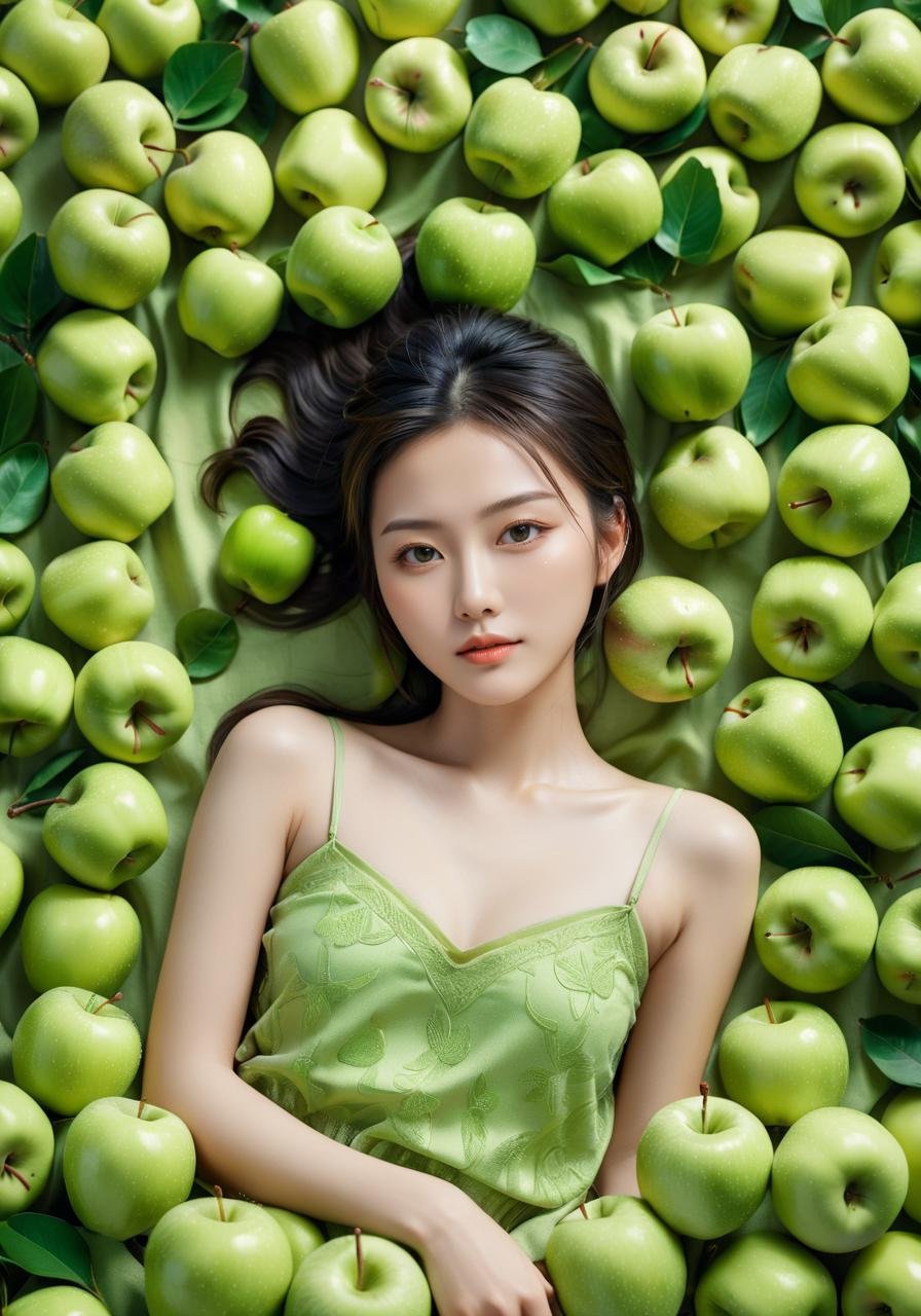 cinematic style poster,A young beautiful Chinese girl lying among a vast number of green apples,dressed predominantly in a green color scheme,fresh,vibrant,natural atmosphere,medium format film,Charming,cinematic,detailed,style dominated by green,minimalist composition shimmer,joyful,quality,masterpiece,illustration,an extremely delicate and beautiful,Amazing,finely detail,masterpiece,official art,incredibly absurdres,huge filesize,highres,extremely detailed,beautiful detailed girl,realistic,aesthetic,photorealistic,professional,4k,