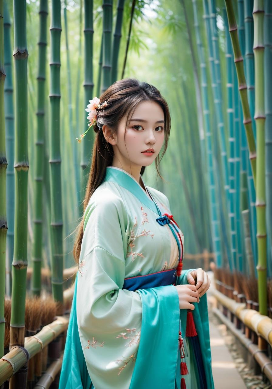 an 18-year-old girl,top corner,wearing a Chinese Hanfu costume,standing behind a bamboo forest,featuring intricate bamboo forest elements and miniature landscape,bamboo forest and shrine background,style dominated by cyan,minimalist composition shimmer,edge light,epic ink shooting,dramatic cherry blossom scattering,dynamic angles,1girl,best quality,masterpiece,illustration,an extremely delicate and beautiful,Amazing,finely detail,masterpiece,official art,incredibly absurdres,huge filesize,ultra-detailed,highres,extremely detailed,beautiful detailed girl,realistic,cinematic photo official art,unity 8k wallpaper,ultra detailed,aesthetic,masterpiece,photorealistic,dynamic angle,bokeh,professional,4k,highly detailed,skin detail realistic,ultra realistic,