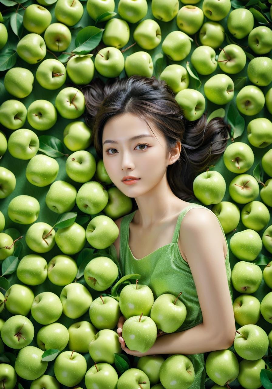 cinematic style poster,A young beautiful Chinese girl lying among a vast number of green apples,dressed predominantly in a green color scheme,fresh,vibrant,natural atmosphere,medium format film,Charming,cinematic,detailed,style dominated by green,minimalist composition shimmer,joyful,