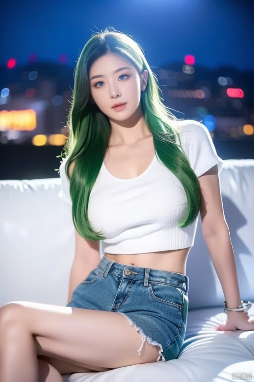 ((midnight, need, 8k, masterpiece:1.3)), Full body female love, Leg length, focus:1.2, Beautiful Women in Perfect Shape:1.4, Slim abdominal muscles:1.1, ((green hair, Big Breasts:1.3 )),Cleavage and NSFW, （cute）(White tight T-shirt, Denim straps, Sitting on the sofa), ((City night scene, roof:1.3)), Double tail,green Hair,Red eyes,Highly detailed face and skin textures, Delicate eyes, Double eyelids,Actress 👀 :8,Japanese Goddess, Skin is moist and shiny!!,Realistic perfect body