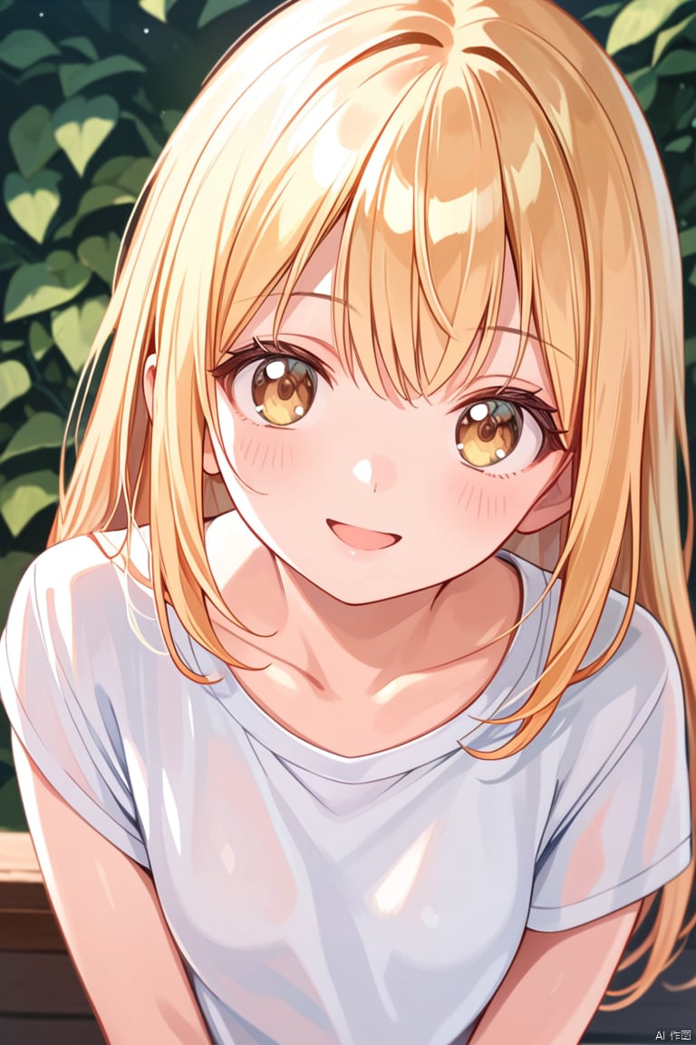 score_9, score_8_up, score_7_up, 1girl, happy, looking at viewer, yellow hair, textured_bangs, beige eyes, small breasts, hand_on_own_chest 