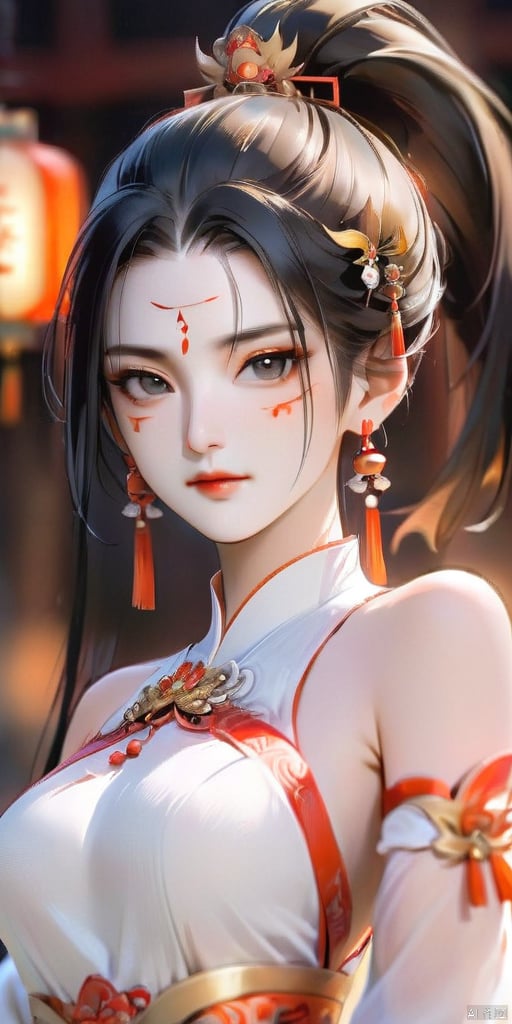 1girl, solo, long hair, looking at viewer, black hair, hair ornament, dress, bare shoulders, jewelry, upper body, ponytail, earrings, detached sleeves, white dress, blurry, blurry background, facial mark, chinese clothes, forehead mark, light