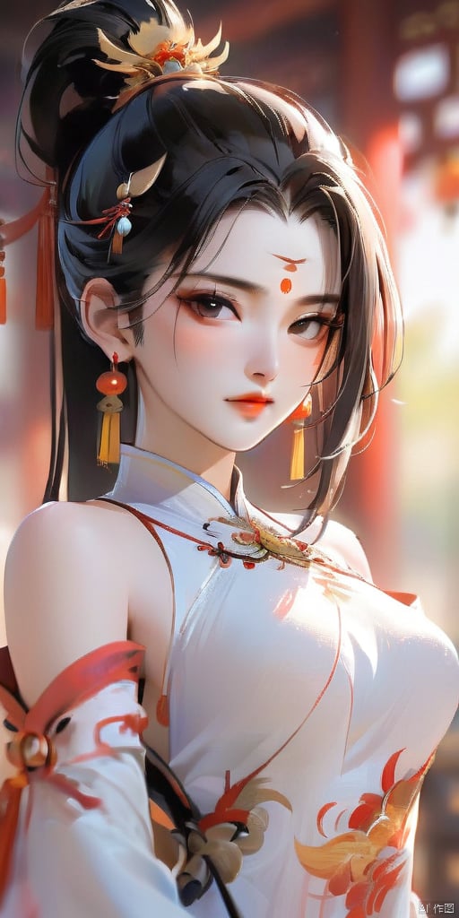 1girl, solo, long hair, looking at viewer, black hair, hair ornament, dress, bare shoulders, jewelry, upper body, ponytail, earrings, detached sleeves, white dress, blurry, blurry background, facial mark, chinese clothes, forehead mark, light