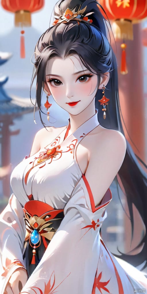 1girl, solo, long hair, looking at viewer, black hair, hair ornament, dress, bare shoulders, jewelry, upper body, ponytail, earrings, detached sleeves, white dress, blurry, blurry background, facial mark, chinese clothes, forehead mark, light