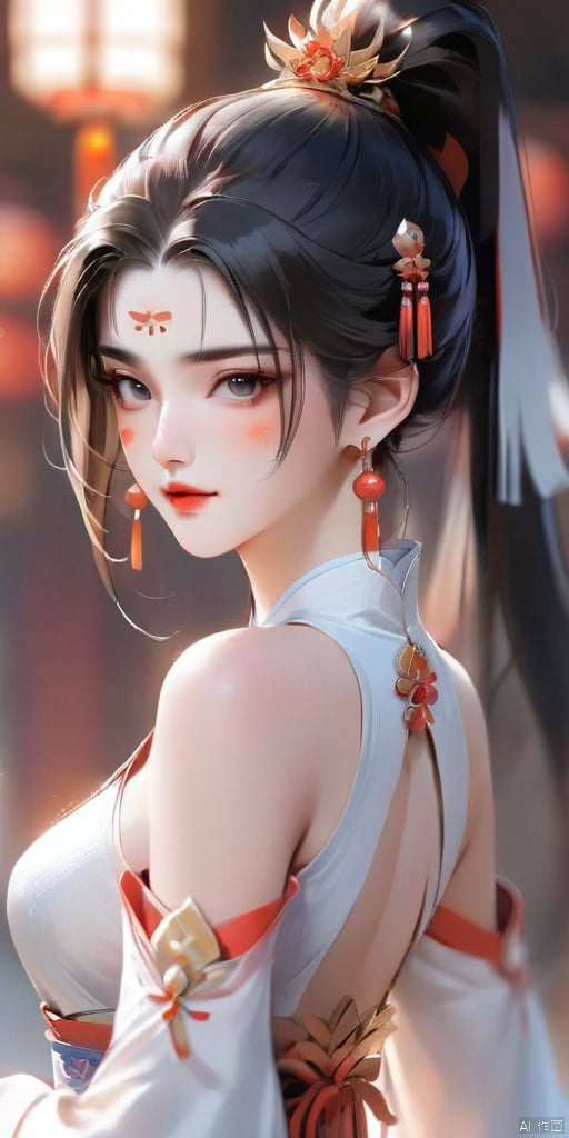  1girl, solo, long hair, looking at viewer, black hair, hair ornament, dress, bare shoulders, jewelry, upper body, ponytail, earrings, detached sleeves, white dress, blurry, blurry background, facial mark, chinese clothes, forehead mark, light, xinyue