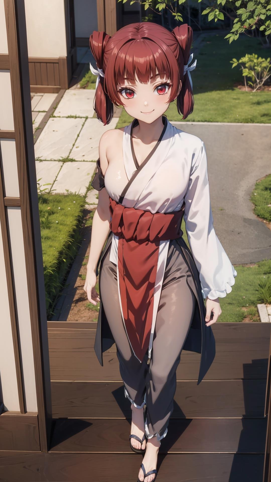 (masterpiece, best quality),ray tracing,absurdres, HDR,wuxingjian, 1girl, solo, closed mouth, red hair, , red eyes, , bangs, twintails, pants,chinese clothes, hanfu,looking at viewer,sandals,smile<lora:wuxingjian_v2:0.8> <lora:sandals:0.8>