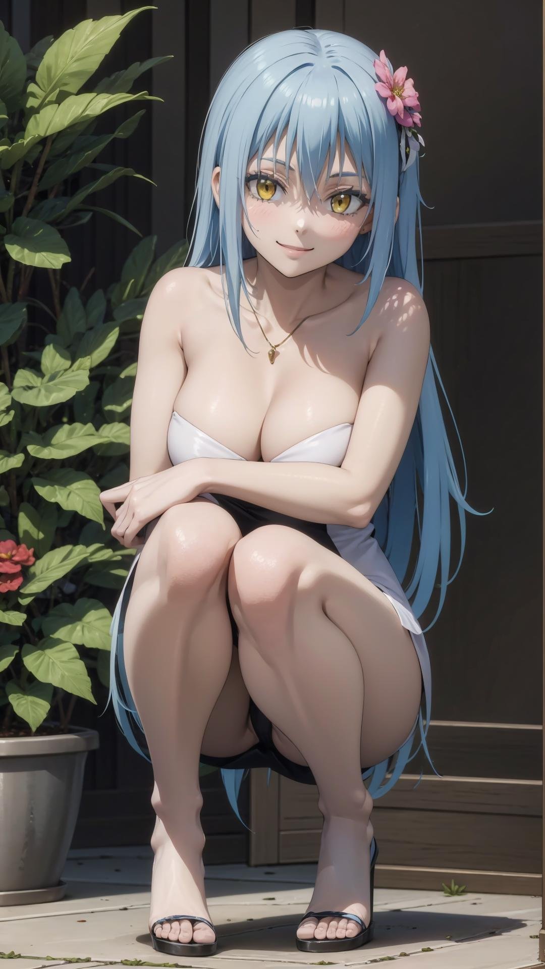 (masterpiece, best quality),ray tracing,absurdres, HDR,1girl,jewelry,nsfw, bangs,rimuru tempest,light blue hair, yellow eyes,breasts,Strapless, smile,,blush,, dress, hair between eyes, hair flower, hair ornament,  looking at viewer, , red flower, solo, ,standing, white dress,squatting,,, indoors,full body, <lora:RimuruTempestV2:1> <lora:sandals:0.8>