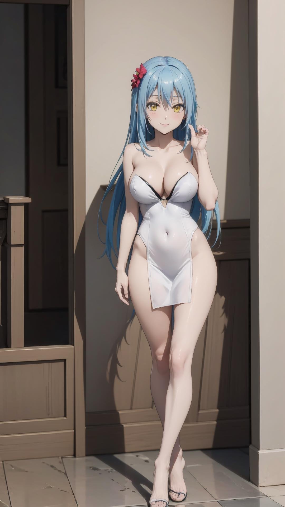 (masterpiece, best quality),ray tracing,absurdres, HDR,1girl,jewelry,nsfw, bangs,rimuru tempest,light blue hair, yellow eyes,breasts,Strapless, smile,,blush,, dress, hair between eyes, hair flower, hair ornament,  looking at viewer, , red flower, solo, ,standing, white dress,,,, indoors,full body, <lora:RimuruTempestV2:1> <lora:sandals:0.8>