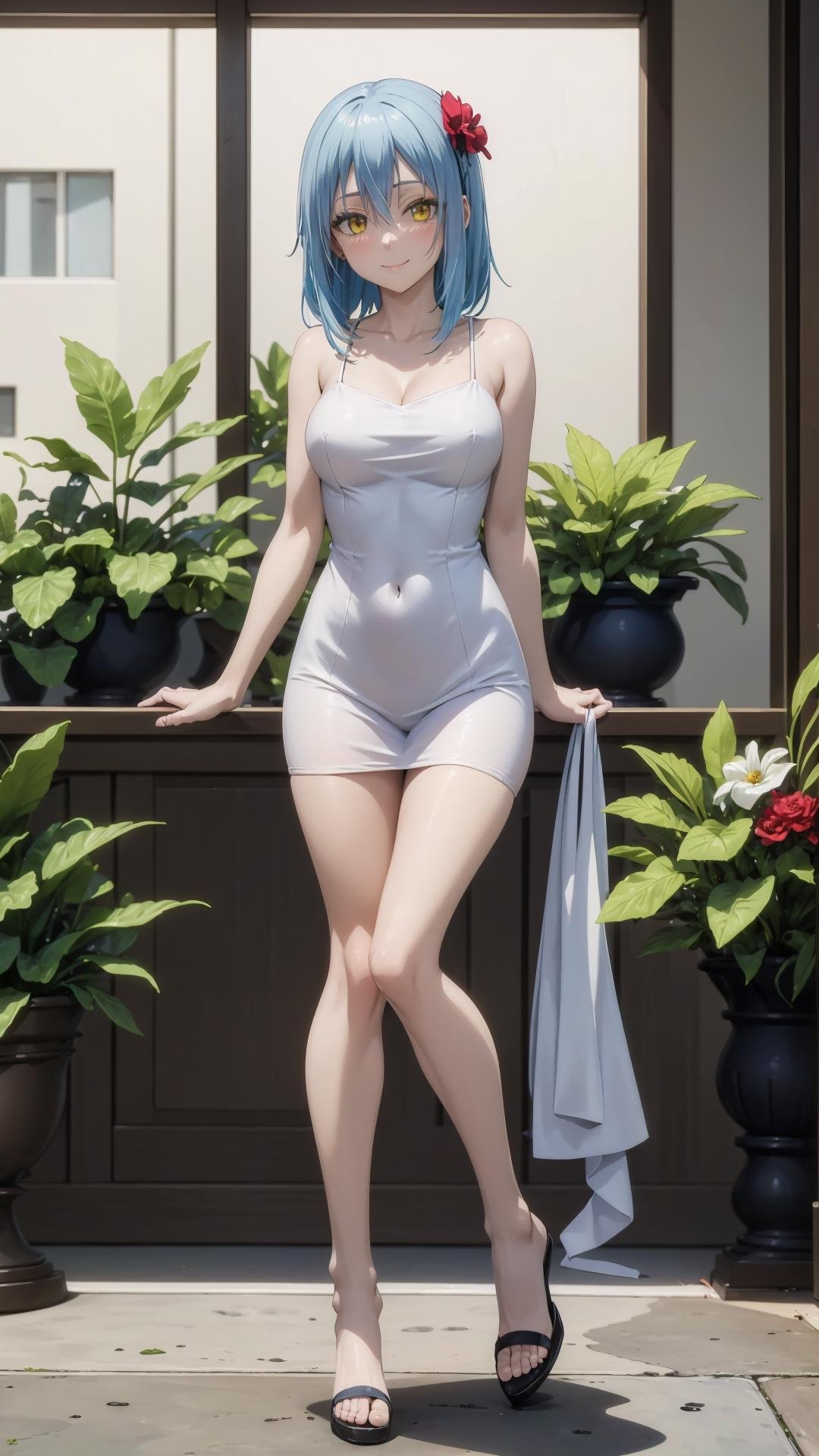 (masterpiece, best quality),ray tracing,absurdres, HDR,1girl,jewelry,, bangs,rimuru tempest,light blue hair, yellow eyes,breasts,, smile,,blush,, dress, hair between eyes, hair flower, hair ornament,  looking at viewer, , red flower, solo, ,standing,sundress,,, indoors,full body, <lora:RimuruTempestV2:1> <lora:sandals:0.7>