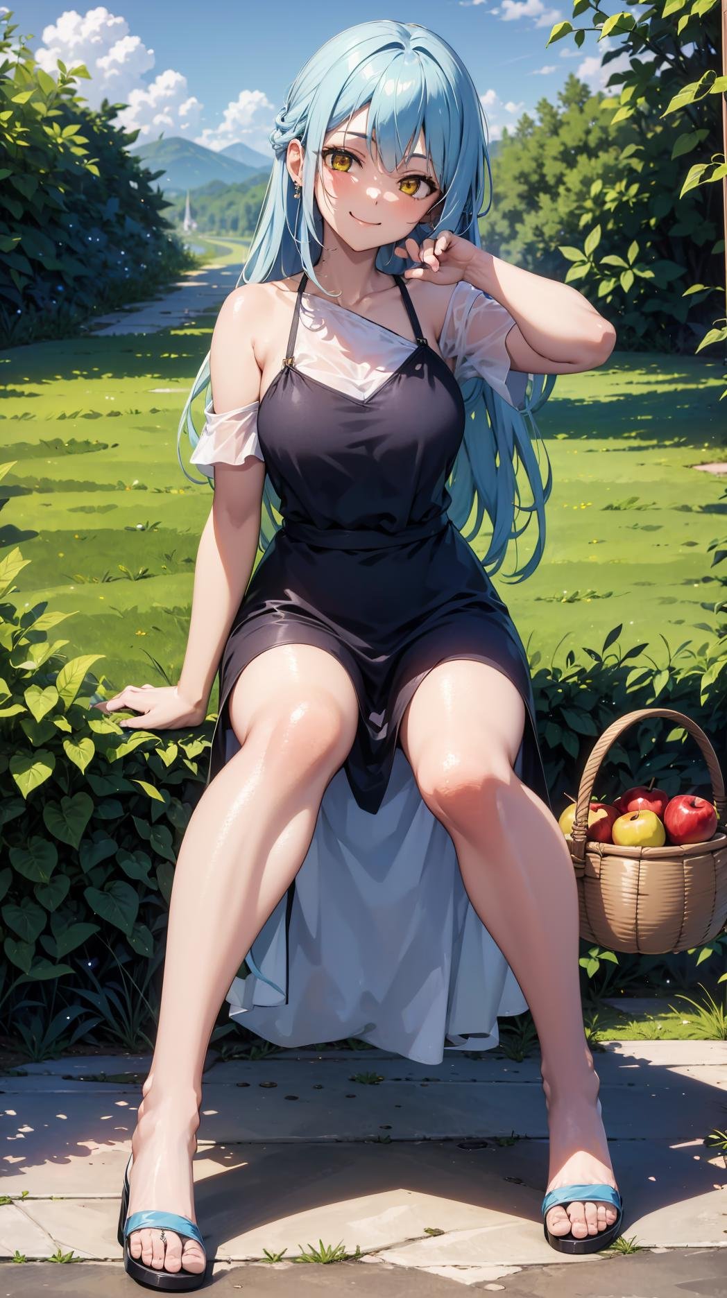 (masterpiece, best quality),ray tracing,absurdres, HDR,1girl,jewelry,, bangs,rimuru tempest,light blue hair, yellow eyes,blue dress, long hair,sandals, breats,smile, holding apple, basket, hill, field, village, looking at viewer , ,<lora:sandals_v2:0.8> <lora:rimuru female:0.8>