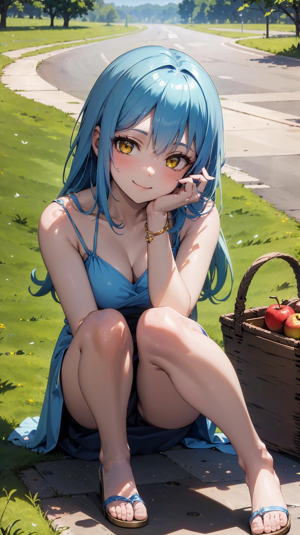 (masterpiece, best quality),ray tracing,absurdres, HDR,1girl,jewelry,, bangs,rimuru tempest,light blue hair, yellow eyes,blue dress, sandals, breats,smile, holding apple, basket, hill, field, village, looking at viewer , ,<lora:sandals_v2:0.8> <lora:rimuru famale_v2:0.8>