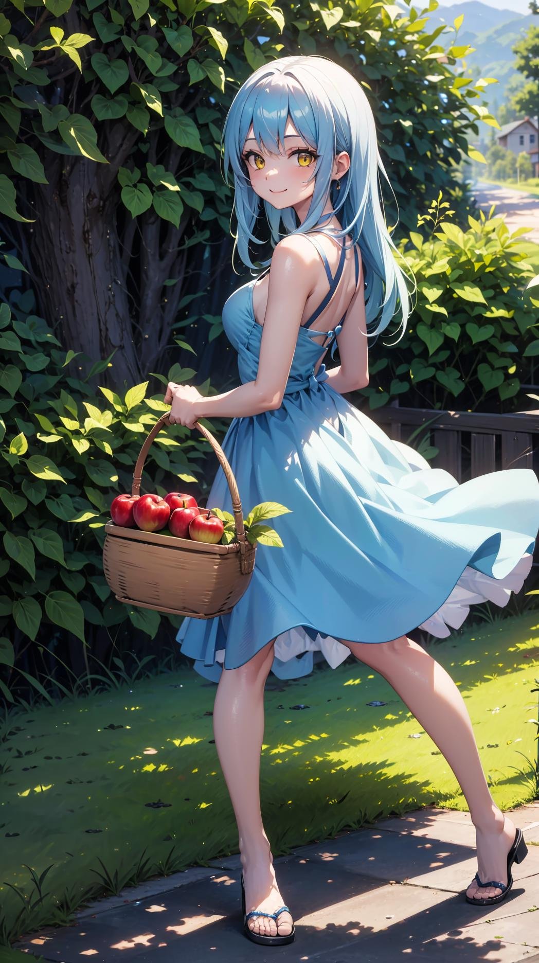 (masterpiece, best quality),ray tracing,absurdres, HDR,1girl,jewelry,, bangs,rimuru tempest,light blue hair, yellow eyes,blue dress, long hair,sandals, breats,smile, holding apple, basket, hill, field, village, looking at viewer , ,<lora:sandals_v2:0.8> <lora:rimuru female:0.8>