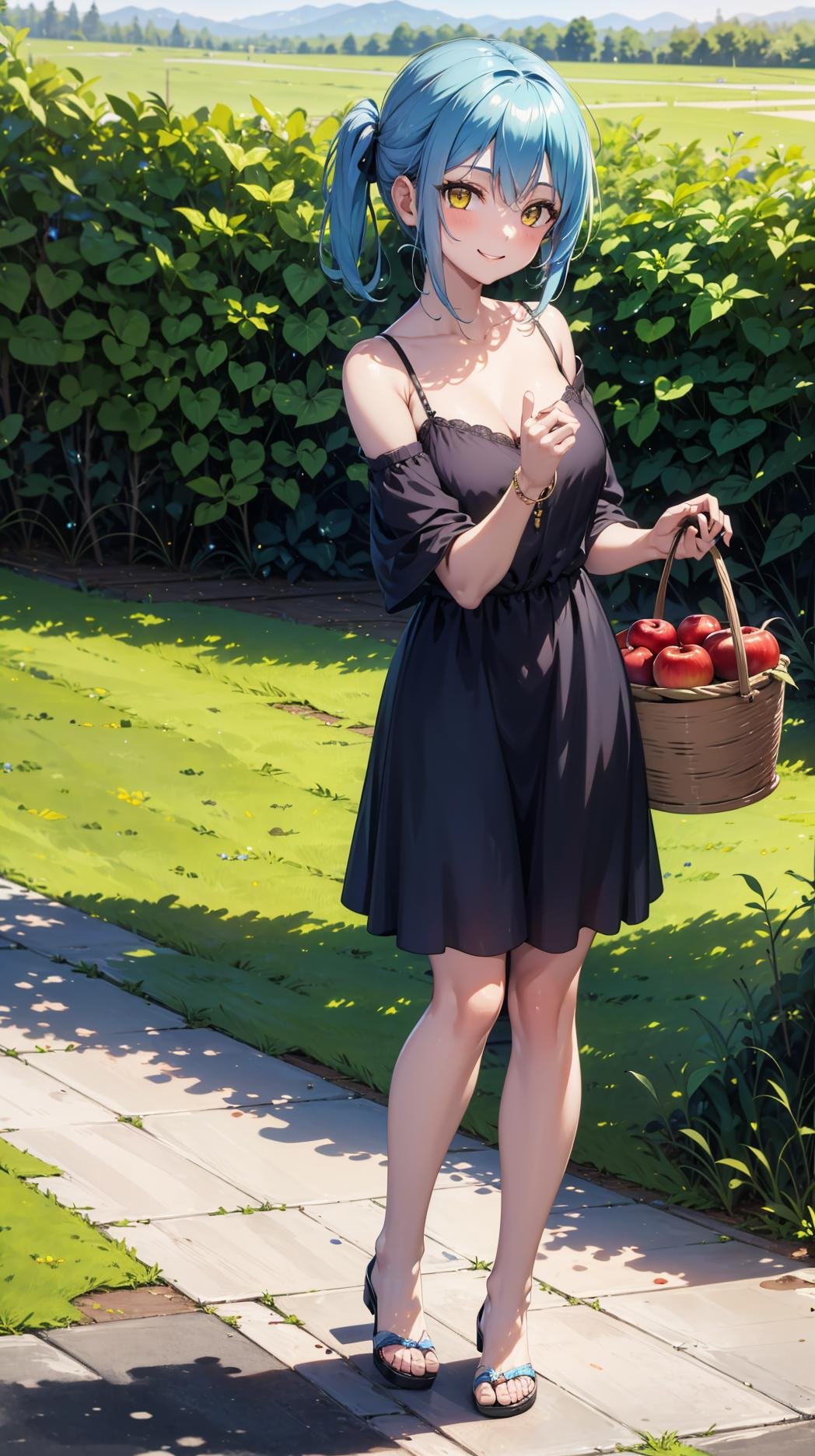 (masterpiece, best quality),ray tracing,absurdres, HDR,1girl,jewelry,, bangs,rimuru tempest,light blue hair, yellow eyes,blue dress, sandals, breats,smile, holding apple, basket, hill, field, village, looking at viewer , ,<lora:sandals_v2:0.8> <lora:rimuru famale_v2:0.8>