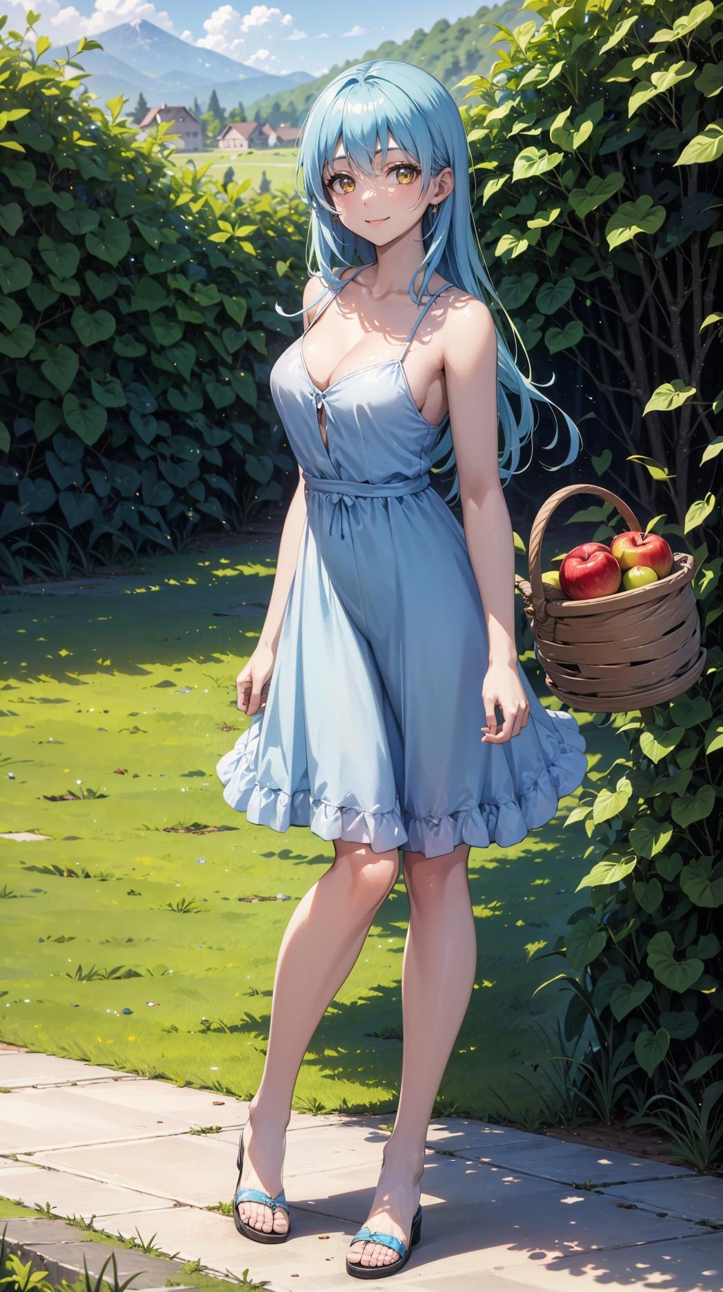 (masterpiece, best quality),ray tracing,absurdres, HDR,1girl,jewelry,, bangs,rimuru tempest,light blue hair, yellow eyes,blue dress, long hair,sandals, breats,smile, holding apple, basket, hill, field, village, looking at viewer , ,<lora:sandals_v2:0.8> <lora:rimuru female:0.8>