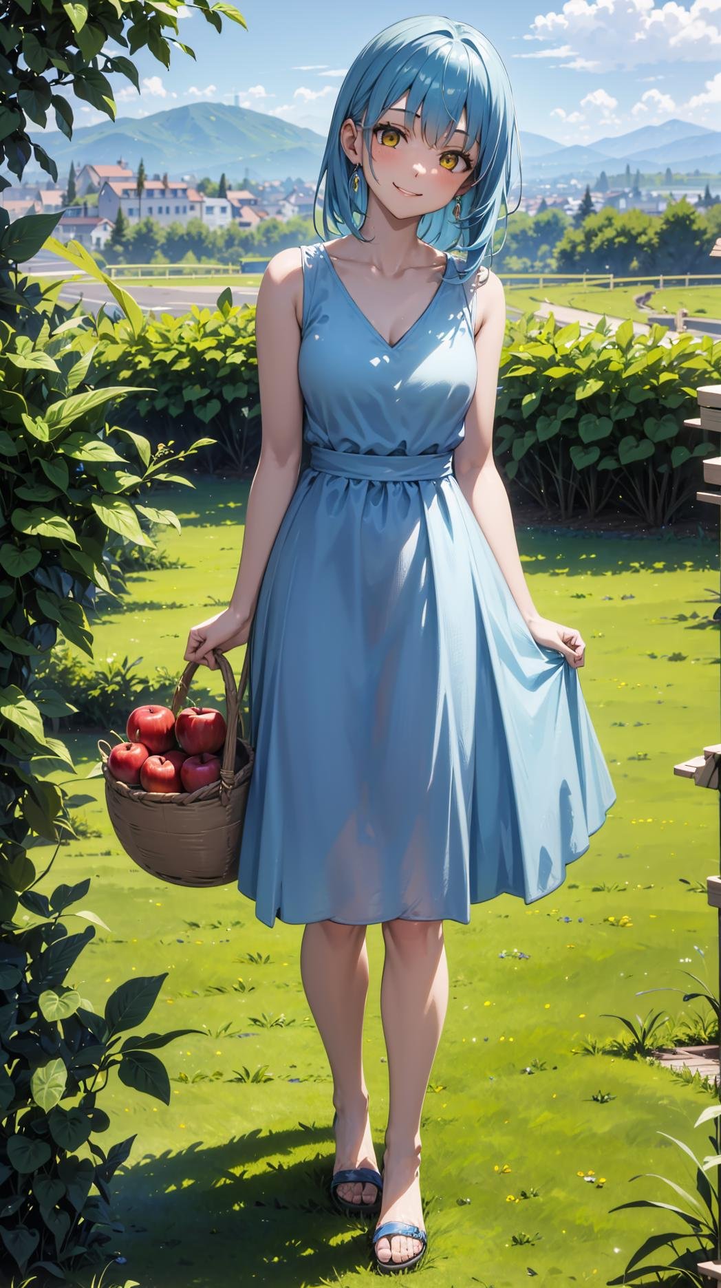 (masterpiece, best quality),ray tracing,absurdres, HDR,1girl,jewelry,, bangs,rimuru tempest,light blue hair, yellow eyes,blue dress, long hair,sandals, breats,smile, holding apple, basket, hill, field, village, looking at viewer , ,<lora:sandals_v2:0.8> <lora:rimuru female:0.8>