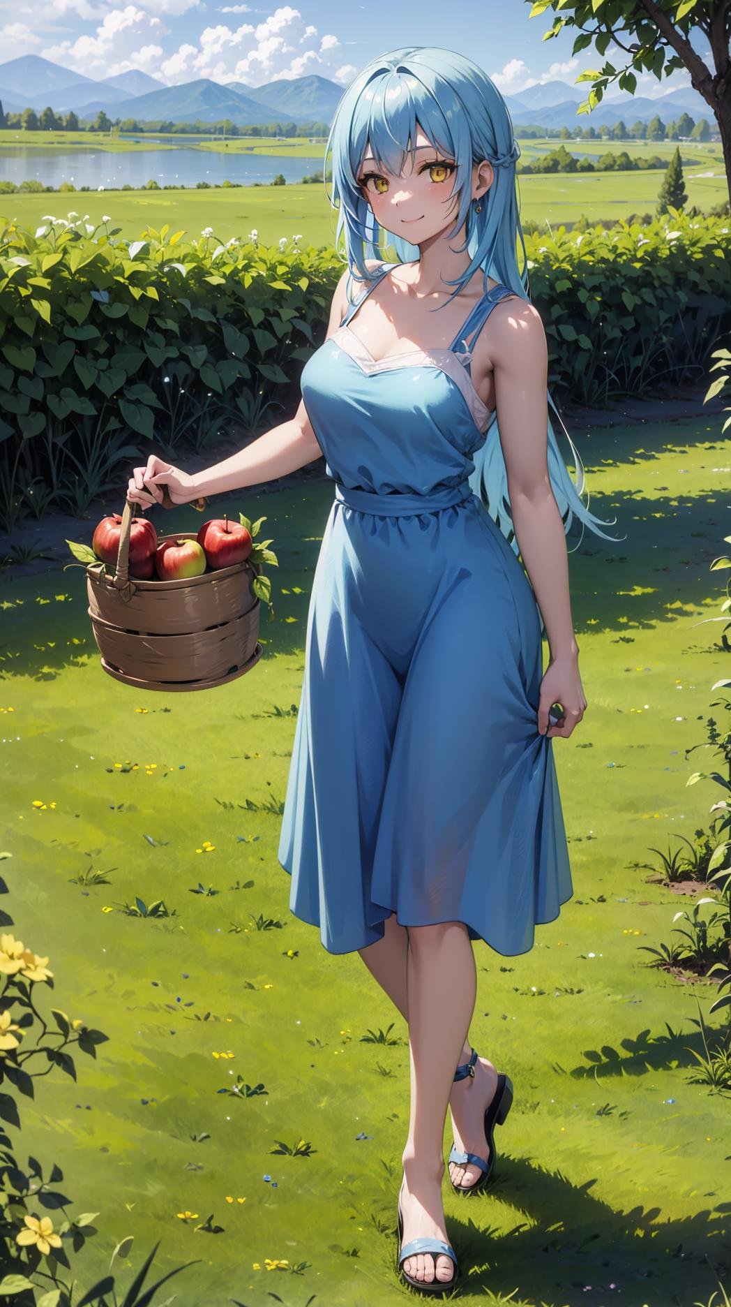 (masterpiece, best quality),ray tracing,absurdres, HDR,1girl,jewelry,, bangs,rimuru tempest,light blue hair, yellow eyes,blue dress, long hair,sandals, breats,smile, holding apple, basket, hill, field, village, looking at viewer , ,<lora:sandals_v2:0.8> <lora:rimuru female:0.8>