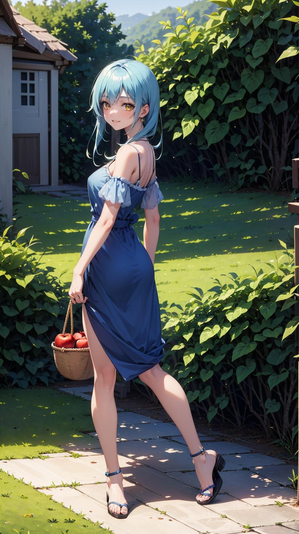 (masterpiece, best quality),ray tracing,absurdres, HDR,1girl,jewelry,, bangs,rimuru tempest,light blue hair, yellow eyes,blue dress, long hair,sandals, breats,smile, holding apple, basket, hill, field, village, looking at viewer , ,<lora:sandals_v2:0.8> <lora:rimuru female:0.8>