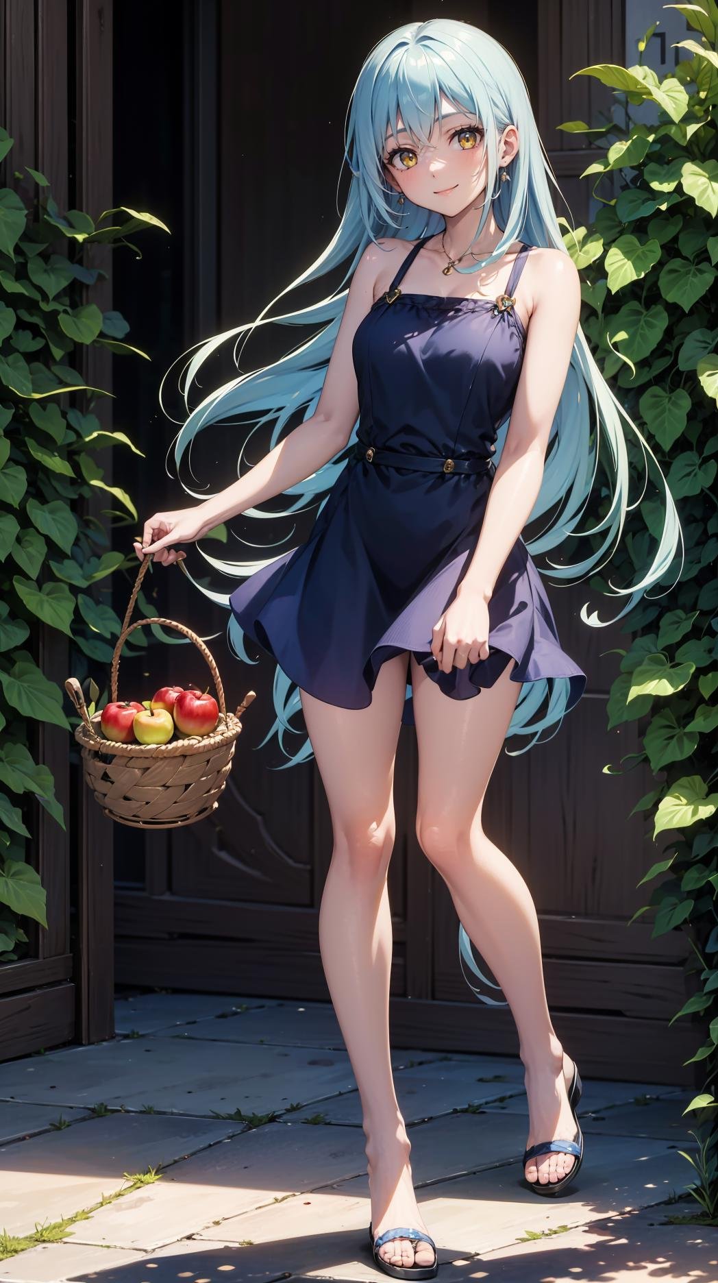 (masterpiece, best quality),ray tracing,absurdres, HDR,1girl,jewelry,, bangs,rimuru tempest,light blue hair, yellow eyes,blue dress, long hair,sandals, breats,smile, holding apple, basket, hill, field, village, looking at viewer , ,<lora:sandals_v2:0.8> <lora:rimuru female:0.8>