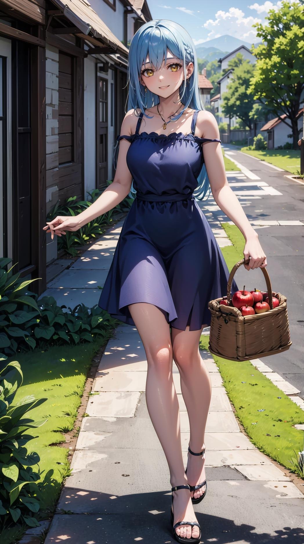 (masterpiece, best quality),ray tracing,absurdres, HDR,1girl,jewelry,, bangs,rimuru tempest,light blue hair, yellow eyes,blue dress, long hair,sandals, breats,smile, holding apple, basket, hill, field, village, looking at viewer , ,<lora:sandals_v2:0.8> <lora:rimuru female:0.8>