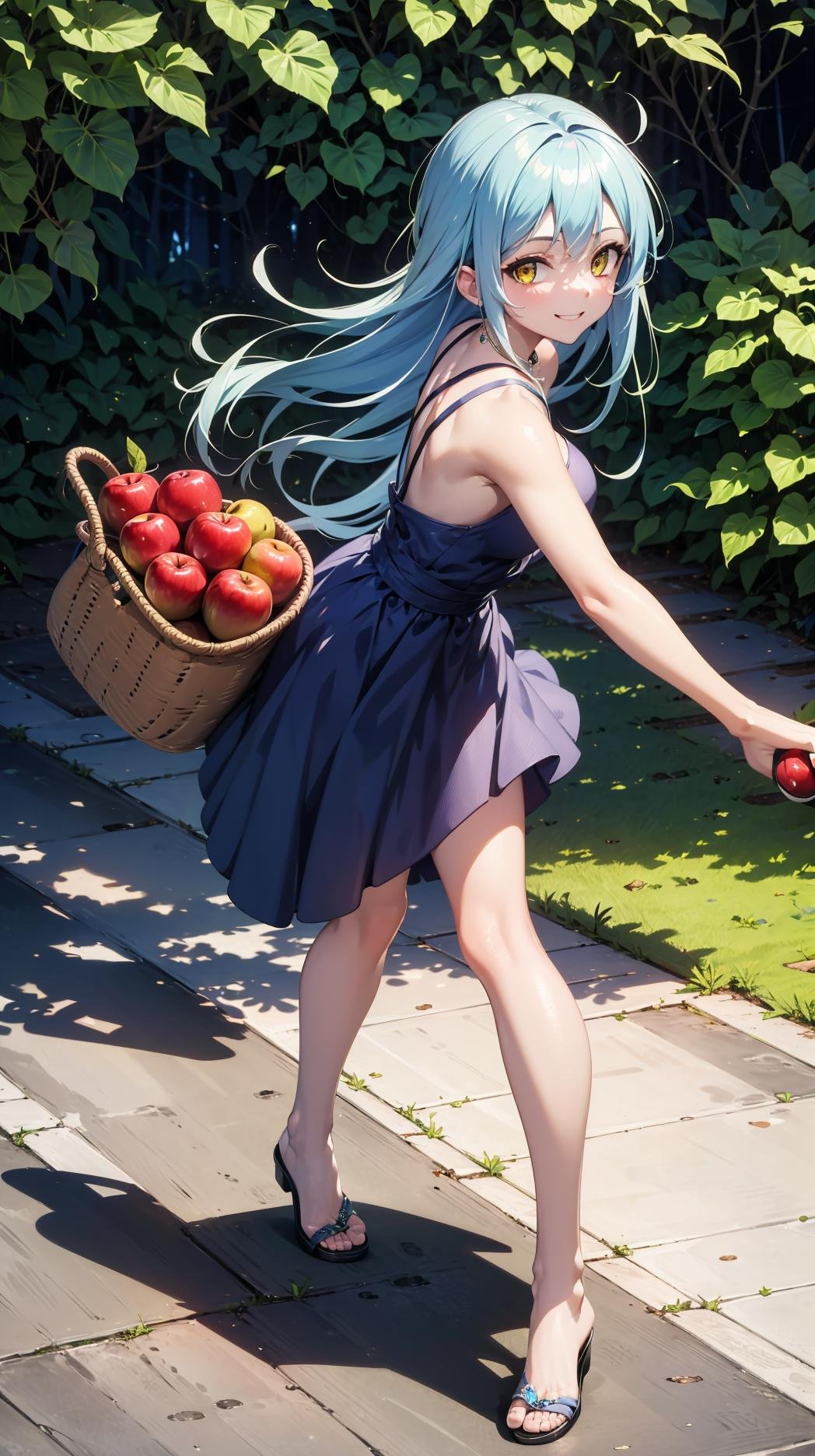 (masterpiece, best quality),ray tracing,absurdres, HDR,1girl,jewelry,, bangs,rimuru tempest,light blue hair, yellow eyes,blue dress, long hair,sandals, breats,smile, holding apple, basket, hill, field, village, looking at viewer , ,<lora:sandals_v2:0.8> <lora:rimuru female:0.8>