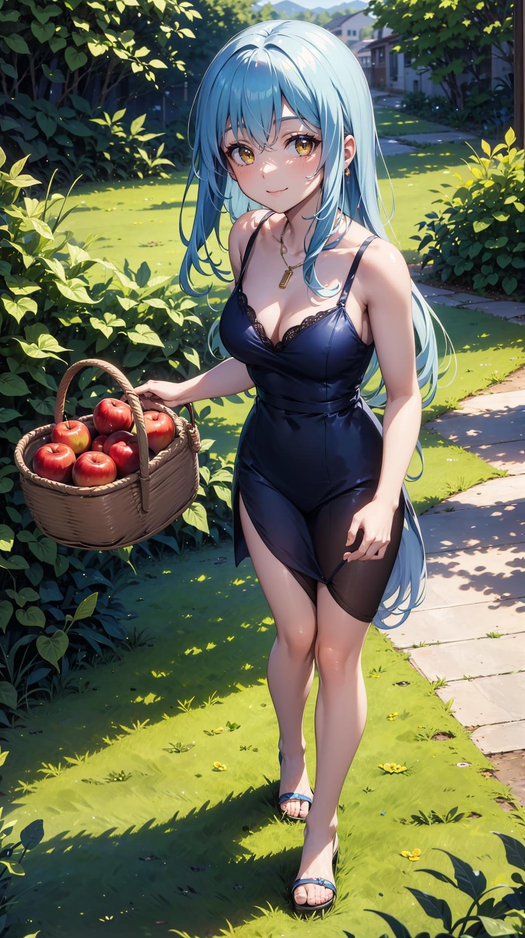 (masterpiece, best quality),ray tracing,absurdres, HDR,1girl,jewelry,, bangs,rimuru tempest,light blue hair, yellow eyes,blue dress, long hair,sandals, breats,smile, holding apple, basket, hill, field, village, looking at viewer , ,<lora:sandals_v2:0.8> <lora:rimuru female:0.8>