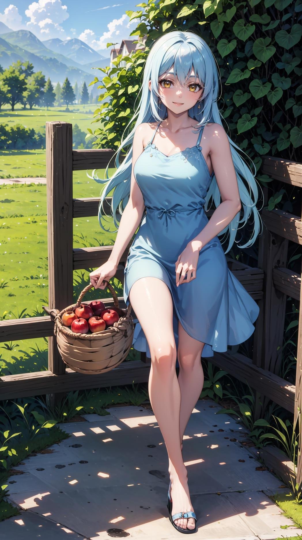 (masterpiece, best quality),ray tracing,absurdres, HDR,1girl,jewelry,, bangs,rimuru tempest,light blue hair, yellow eyes,blue dress, long hair,sandals, breats,smile, holding apple, basket, hill, field, village, looking at viewer , ,<lora:sandals_v2:0.8> <lora:rimuru female:0.8>