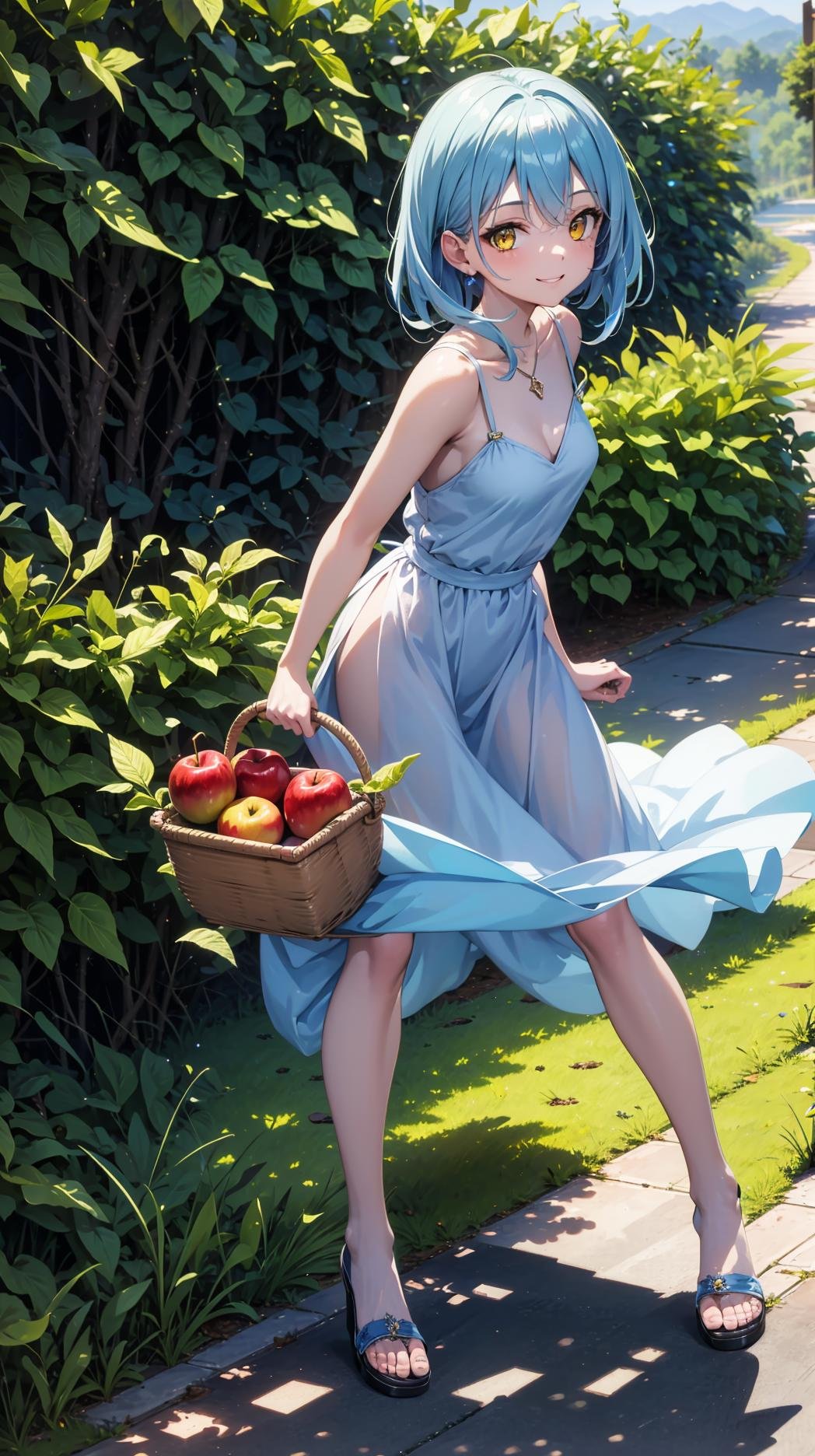 (masterpiece, best quality),ray tracing,absurdres, HDR,1girl,jewelry,, bangs,rimuru tempest,light blue hair, yellow eyes,blue dress, sandals, breats,smile, holding apple, basket, hill, field, village, looking at viewer , ,<lora:sandals_v2:0.8> <lora:rimuru female:0.8>