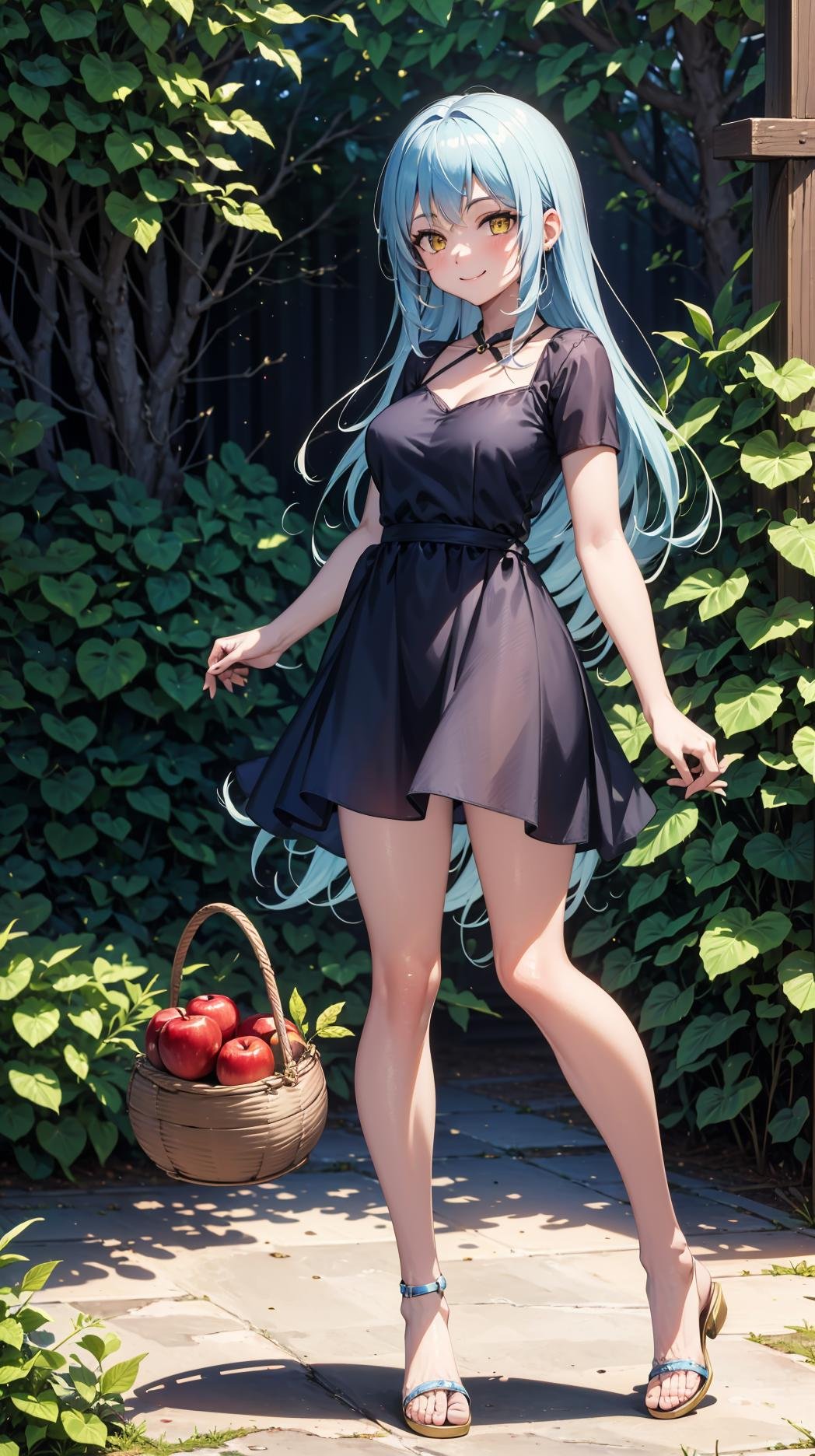 (masterpiece, best quality),ray tracing,absurdres, HDR,1girl,jewelry,, bangs,rimuru tempest,light blue hair, yellow eyes,blue dress, long hair,sandals, breats,smile, holding apple, basket, hill, field, village, looking at viewer , ,<lora:sandals_v2:0.8> <lora:rimuru female:0.8>