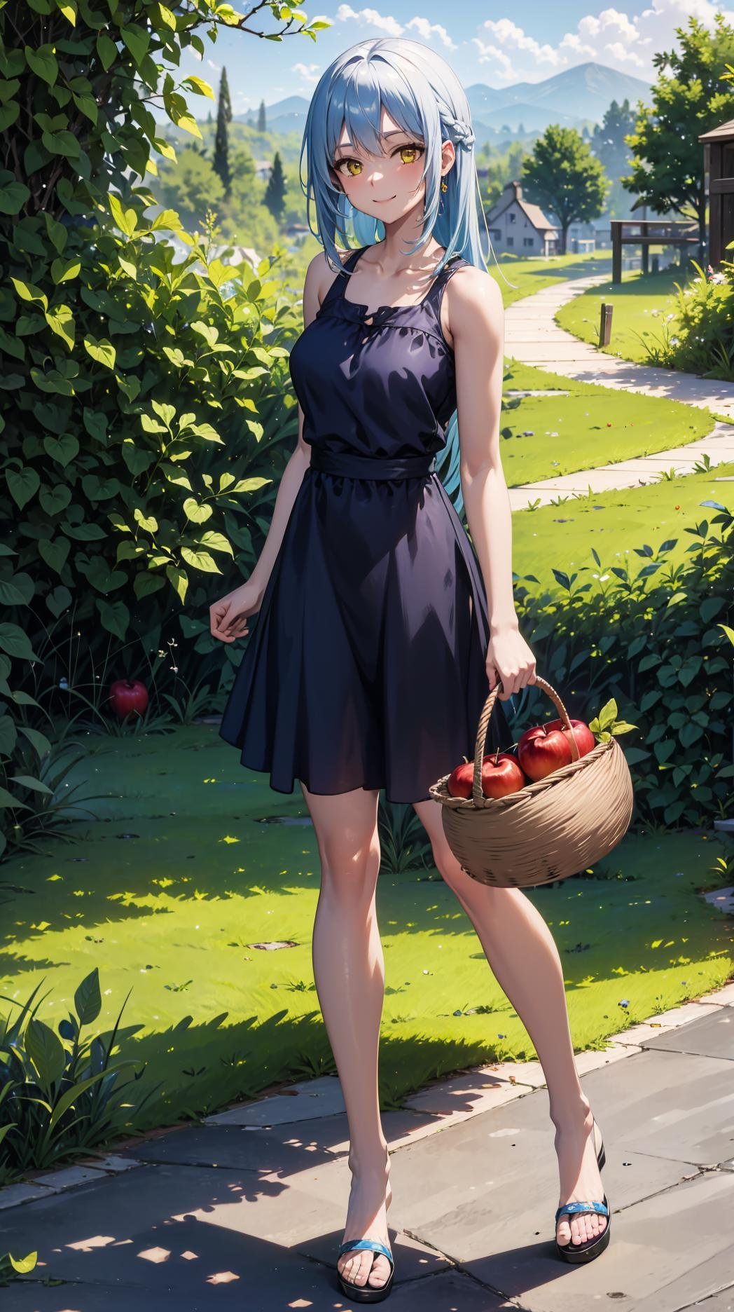 (masterpiece, best quality),ray tracing,absurdres, HDR,1girl,jewelry,, bangs,rimuru tempest,light blue hair, yellow eyes,blue dress, long hair,sandals, breats,smile, holding apple, basket, hill, field, village, looking at viewer , ,<lora:sandals_v2:0.8> <lora:rimuru female:0.8>