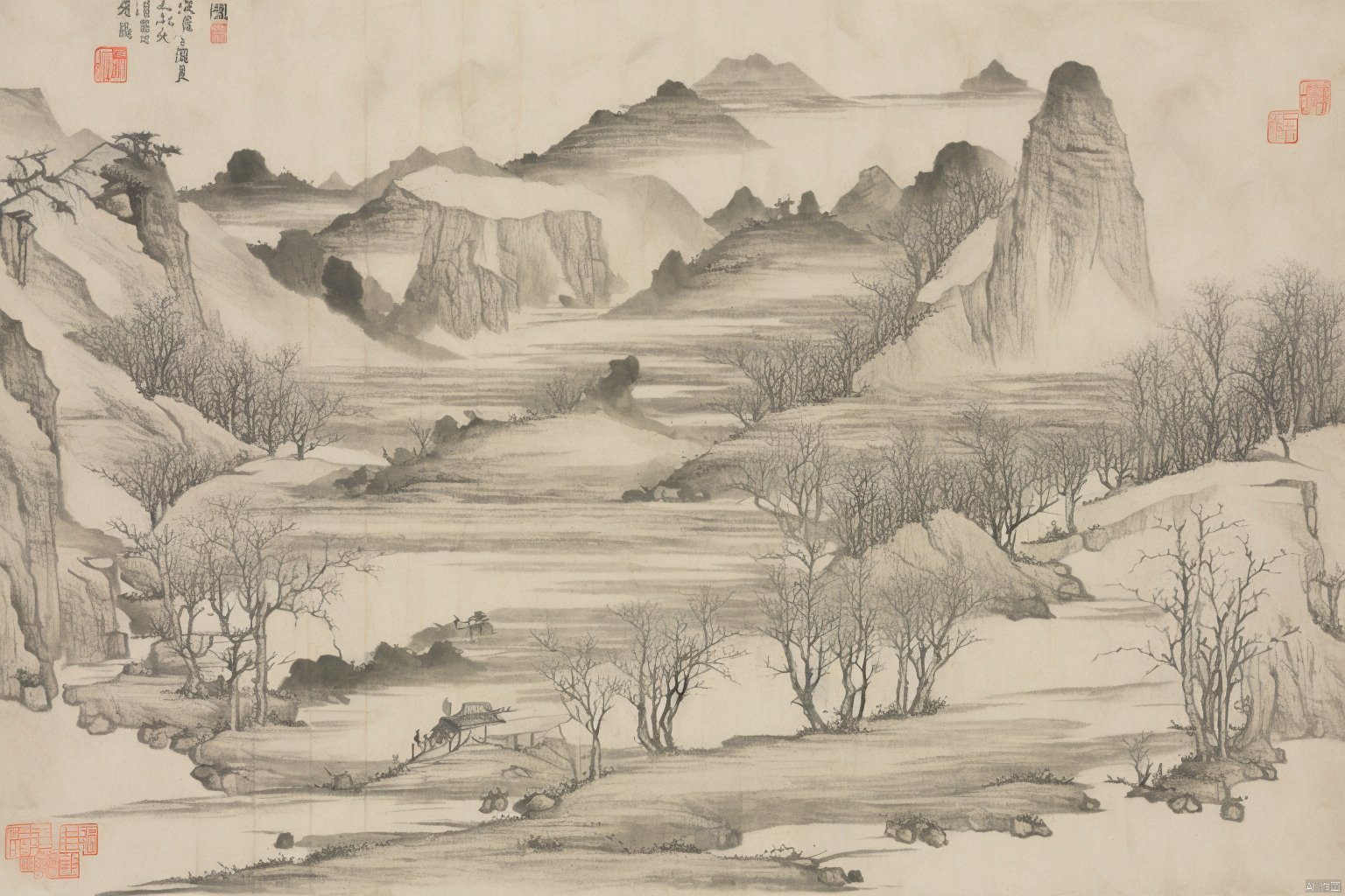 Chinese style ink landscape painting, trees, mountains, rivers, huts, boats