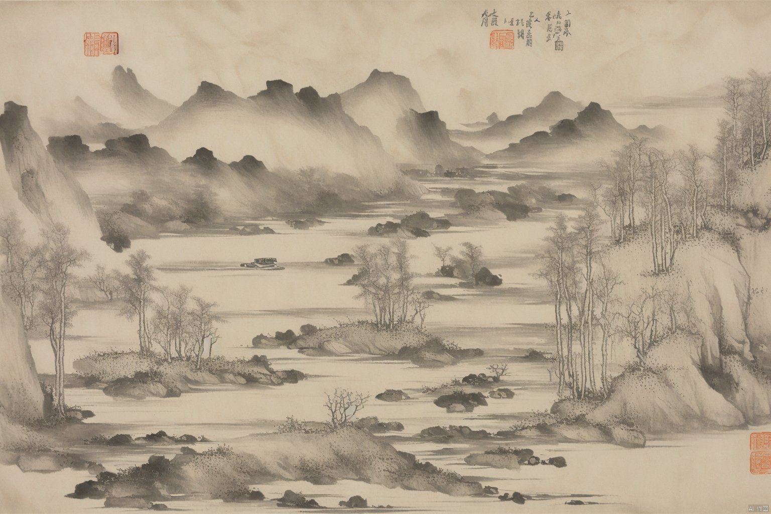 Chinese style ink landscape painting, trees, mountains, rivers, huts, boats