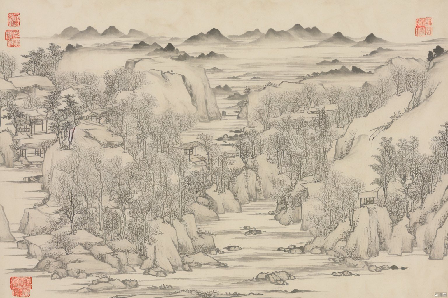 Chinese style ink landscape painting, trees, mountains, rivers, huts, boats