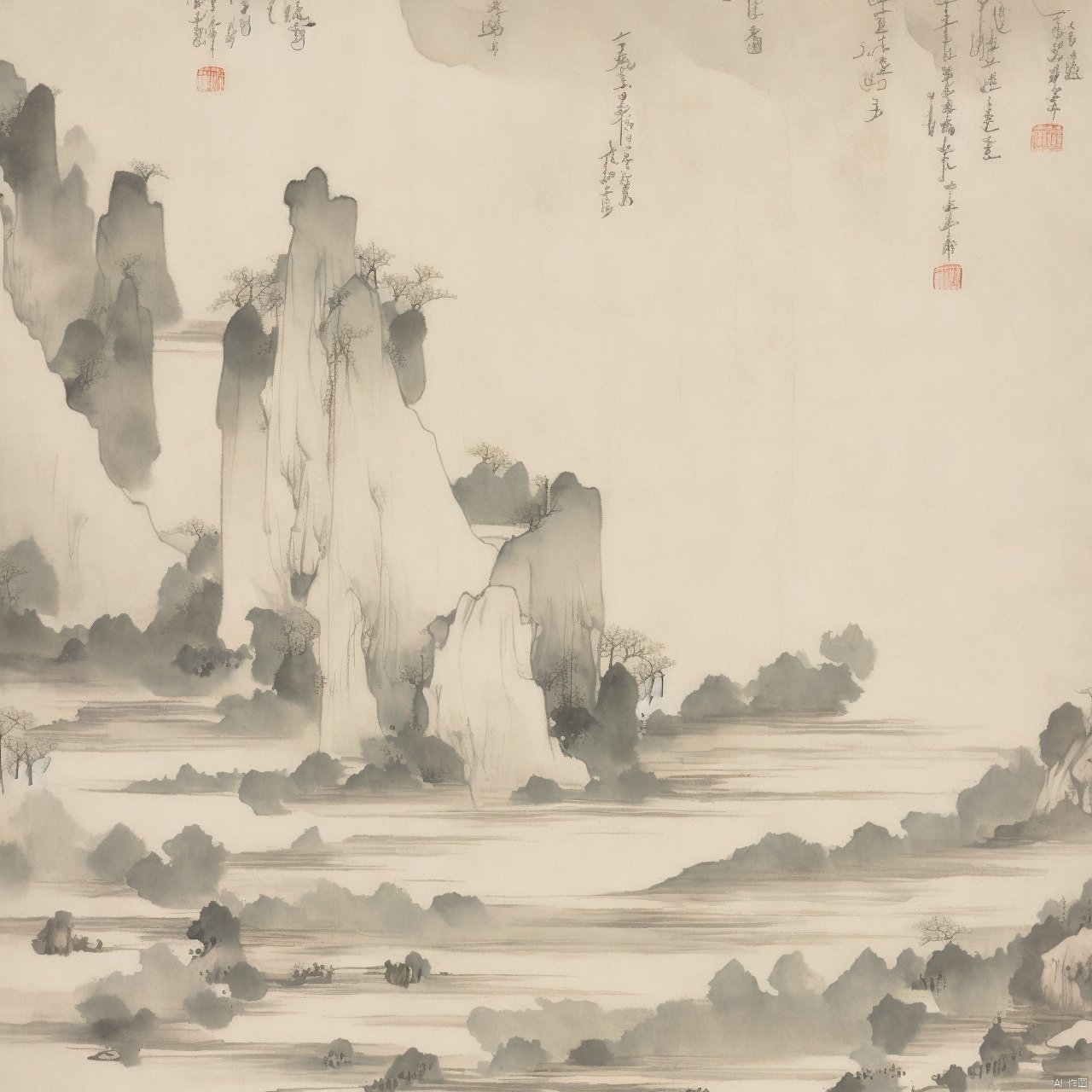 Chinese style ink landscape painting, trees, mountains, rivers, huts, boats