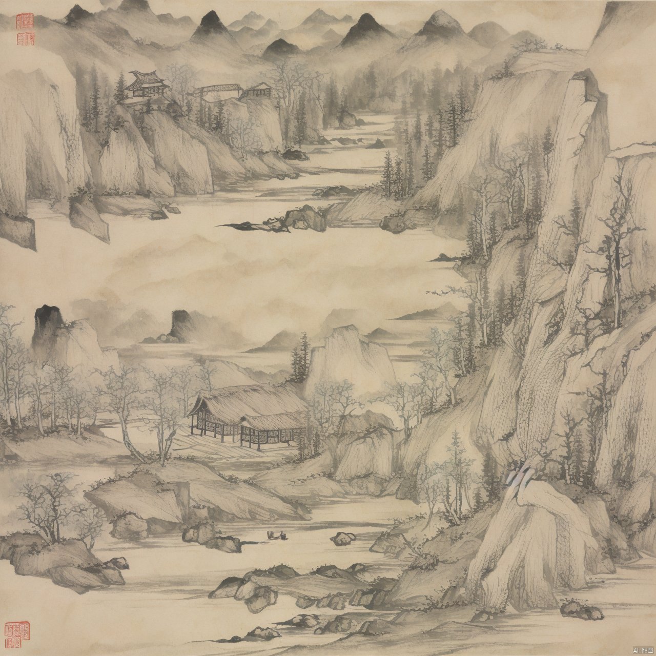 Chinese style ink landscape painting, trees, mountains, rivers, huts, boats