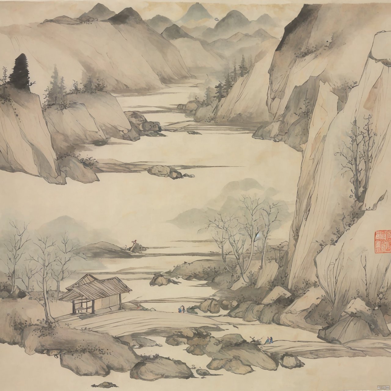 Chinese style ink landscape painting, trees, mountains, rivers, huts, boats