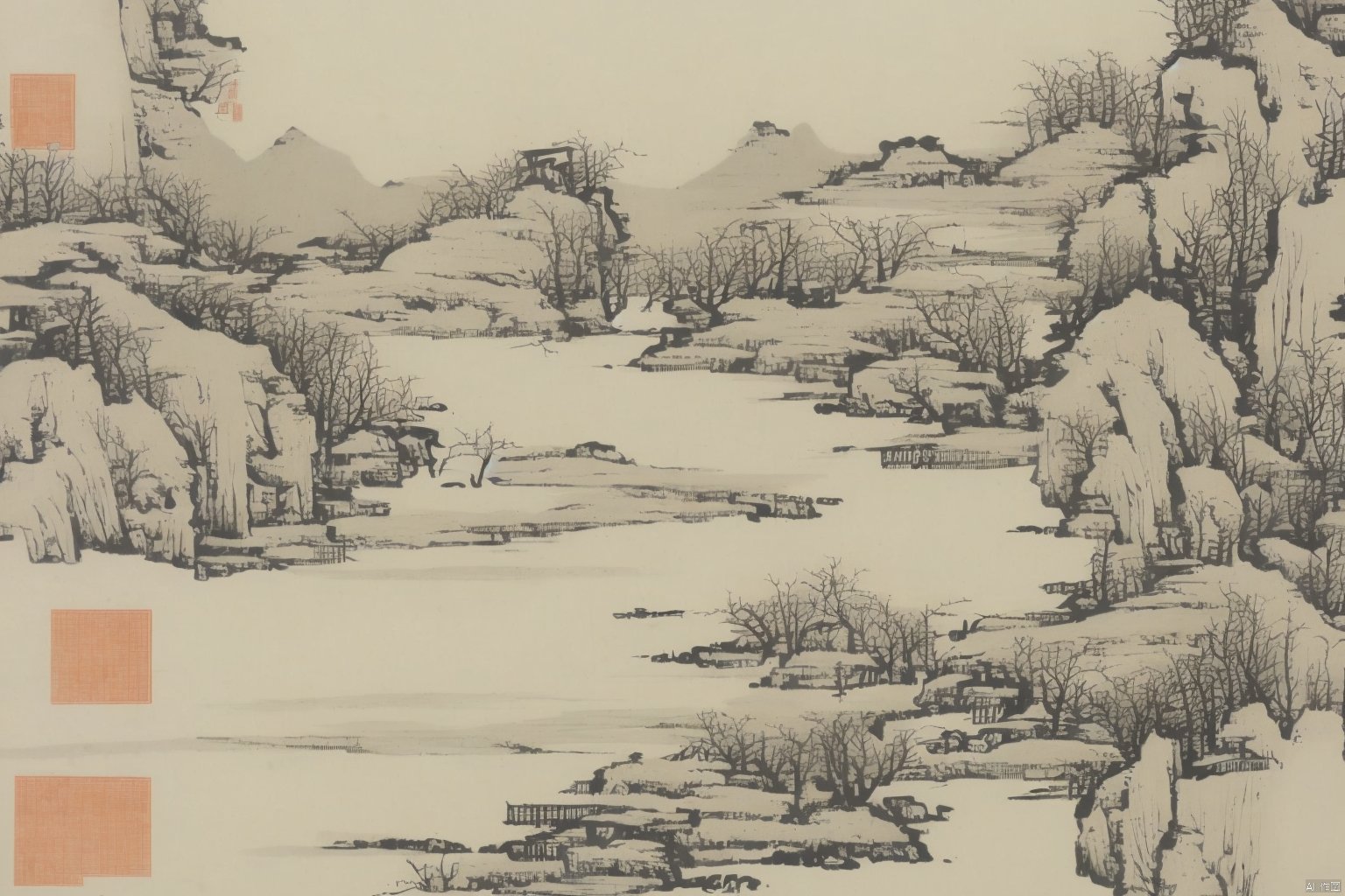 Chinese style ink landscape painting, trees, mountains, rivers, huts, boats