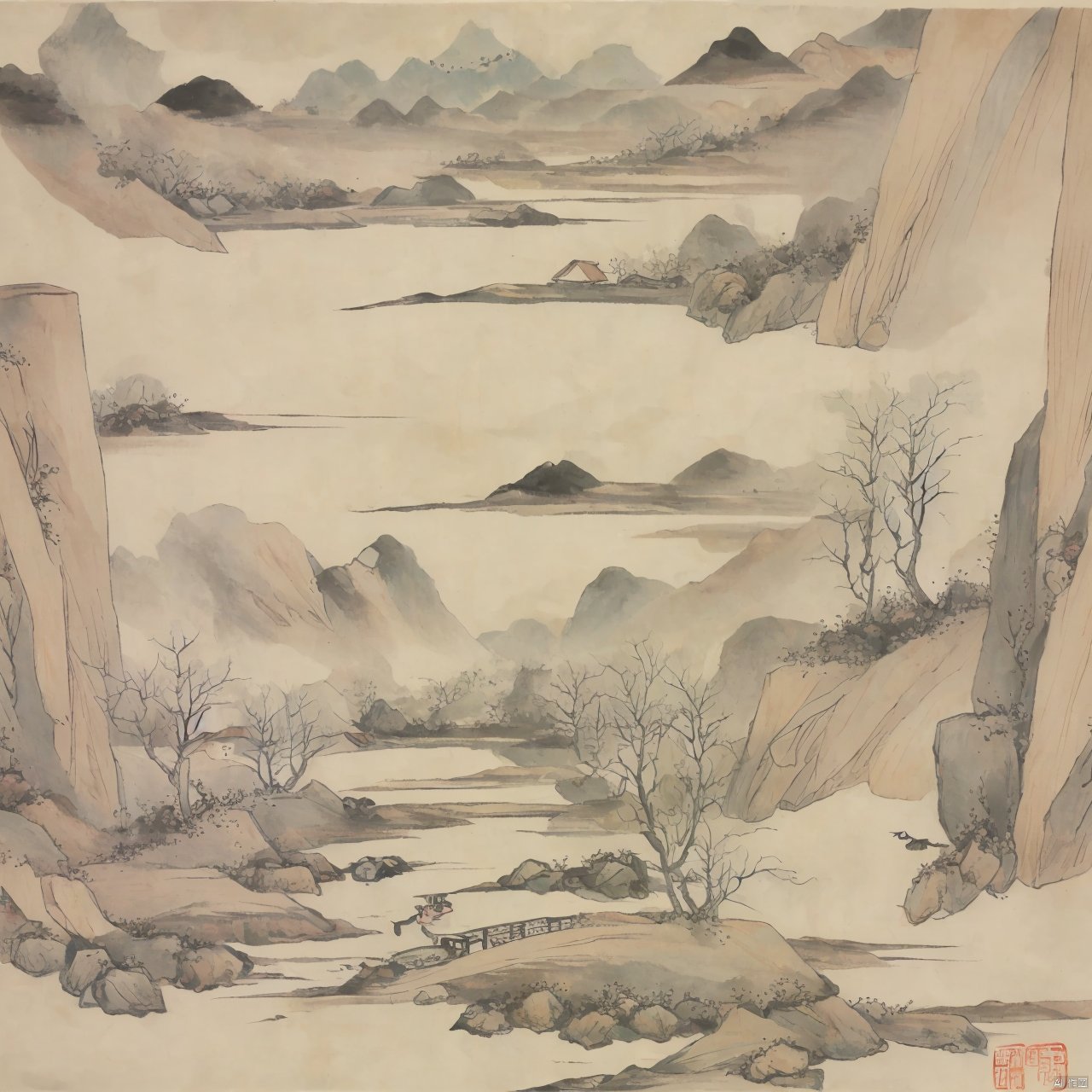 Chinese style ink landscape painting, trees, mountains, rivers, huts, boats