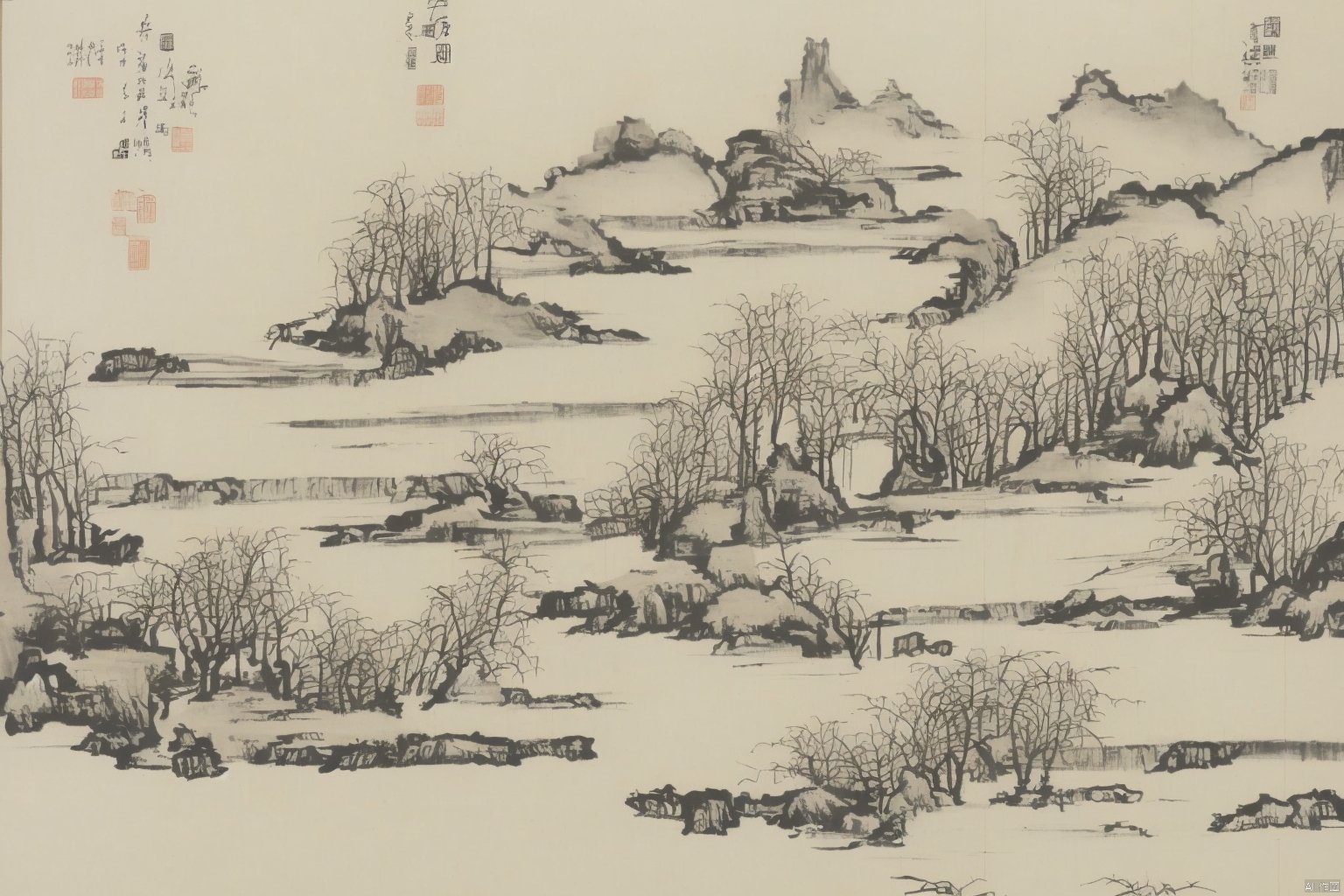 Chinese style ink landscape painting, trees, mountains, rivers, huts, boats