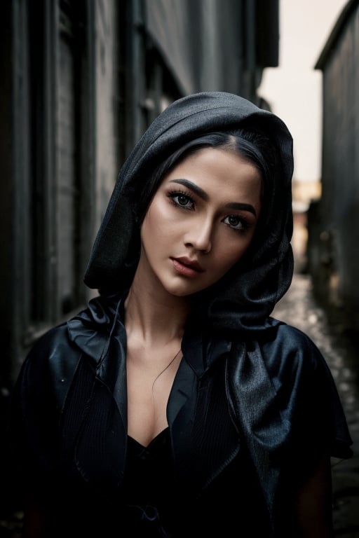 A mysterious beauty stands in a dimly lit alleyway, her striking features illuminated by the faint streetlight. The close framing focuses on her captivating gaze, with piercing black eyes seeming to draw you in. A hooded scarf wraps around her neck, adding an air of secrecy to her enigmatic pose.